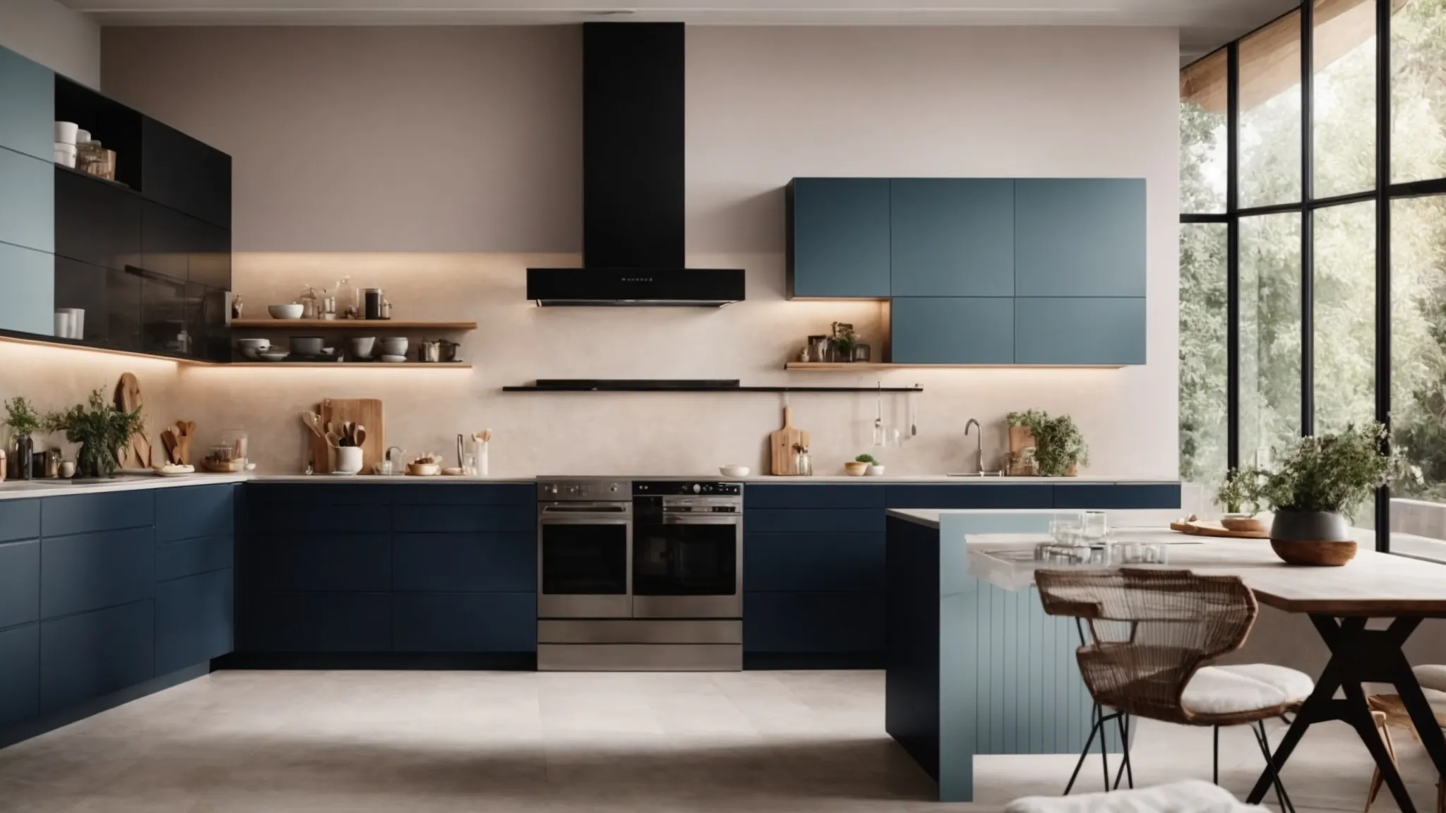 a modern kitchen bathed in soft pastel tones, with a matte black island and deep blue cabinets, illuminated by natural light.