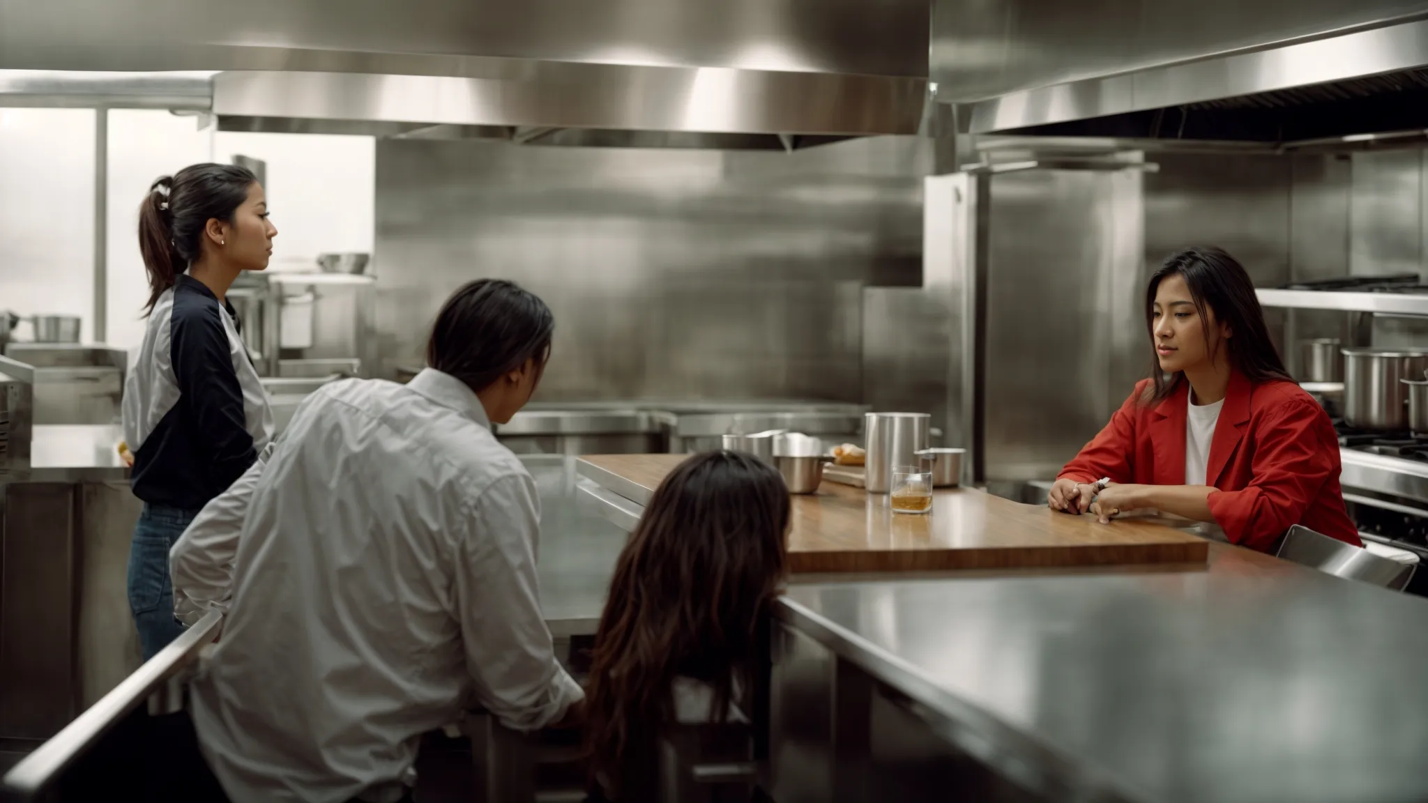 a professional team and a restaurant owner sit at a clean, empty kitchen table with a clear, stainless steel exhaust hood visible in the background, engaged in discussion.