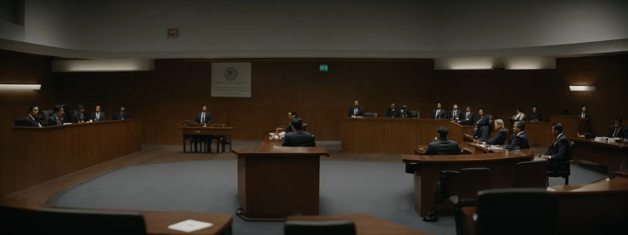 a courtroom with a large table around which various individuals are seated, ready for a discussion, under the glow of soft overhead lights.