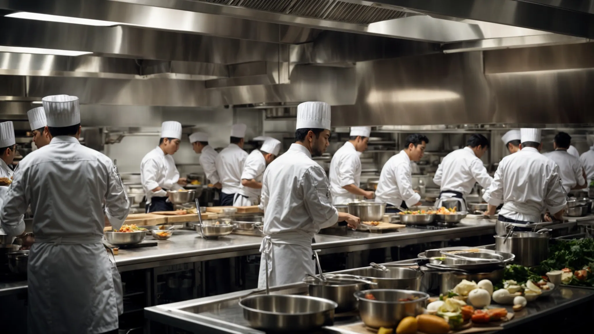 a bustling professional kitchen teeming with chefs and cooking stations, all operating smoothly without disruption.
