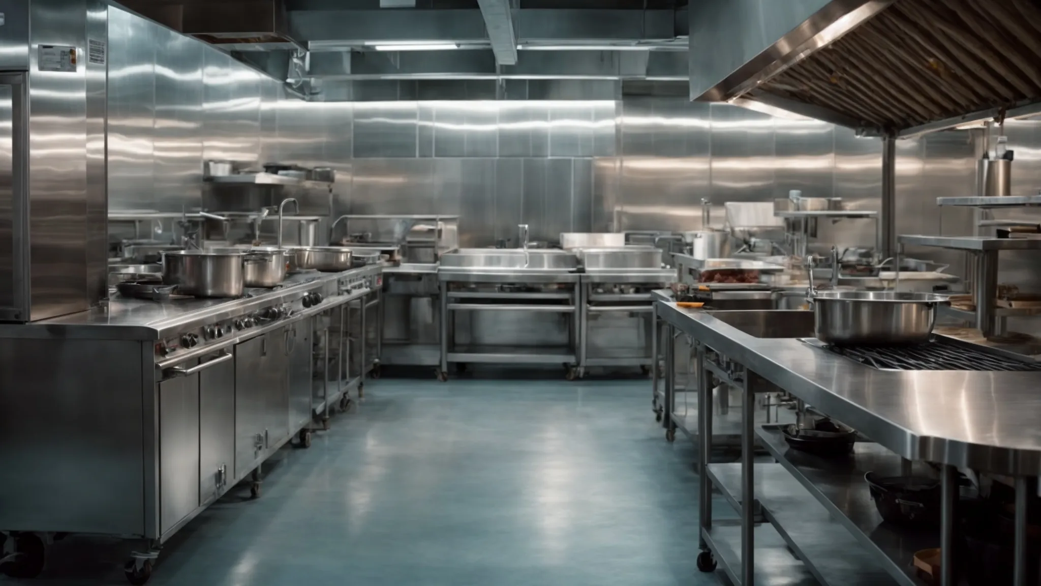 a commercial kitchen gleaming with cleanliness under bright lights, emphasizing safety and efficiency.