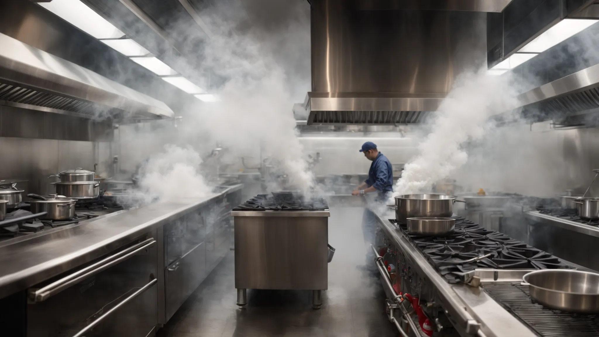 a professional cleaner sprays down the stainless steel surface of a Toronto Hood Cleaning commercial kitchen hood, steam rising against the backdrop of bustling kitchen activity.