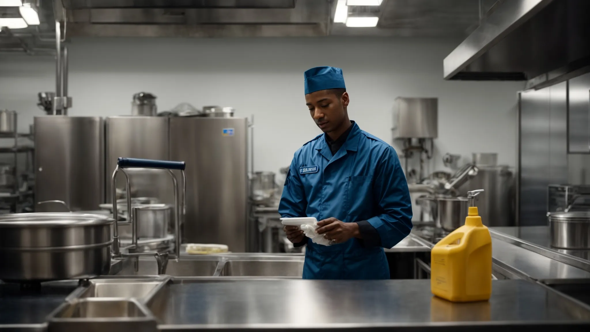 a professional in uniform speaks with a client in a commercial kitchen, demonstrating equipment and a labeled container of cleaning agent.