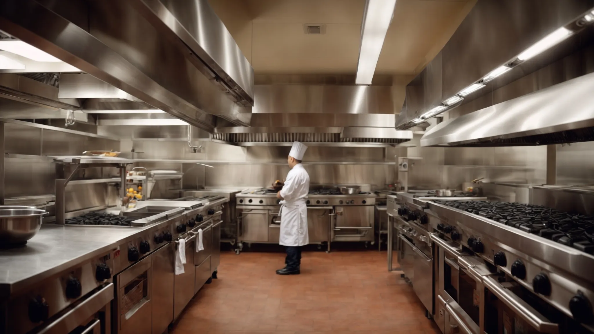 a chef stands in a clean, well-maintained commercial kitchen, looking towards the shining kitchen exhaust hood above the stove.