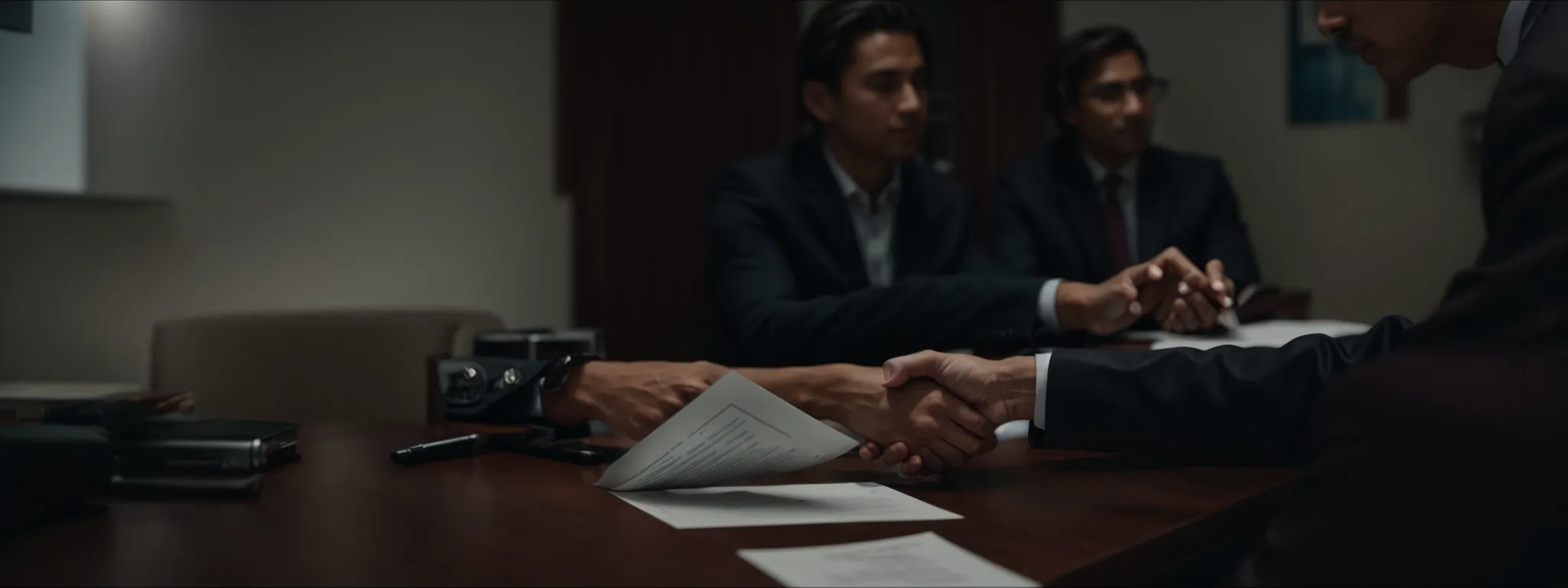 two business professionals shaking hands across a table with a legal document and a pen in between them.