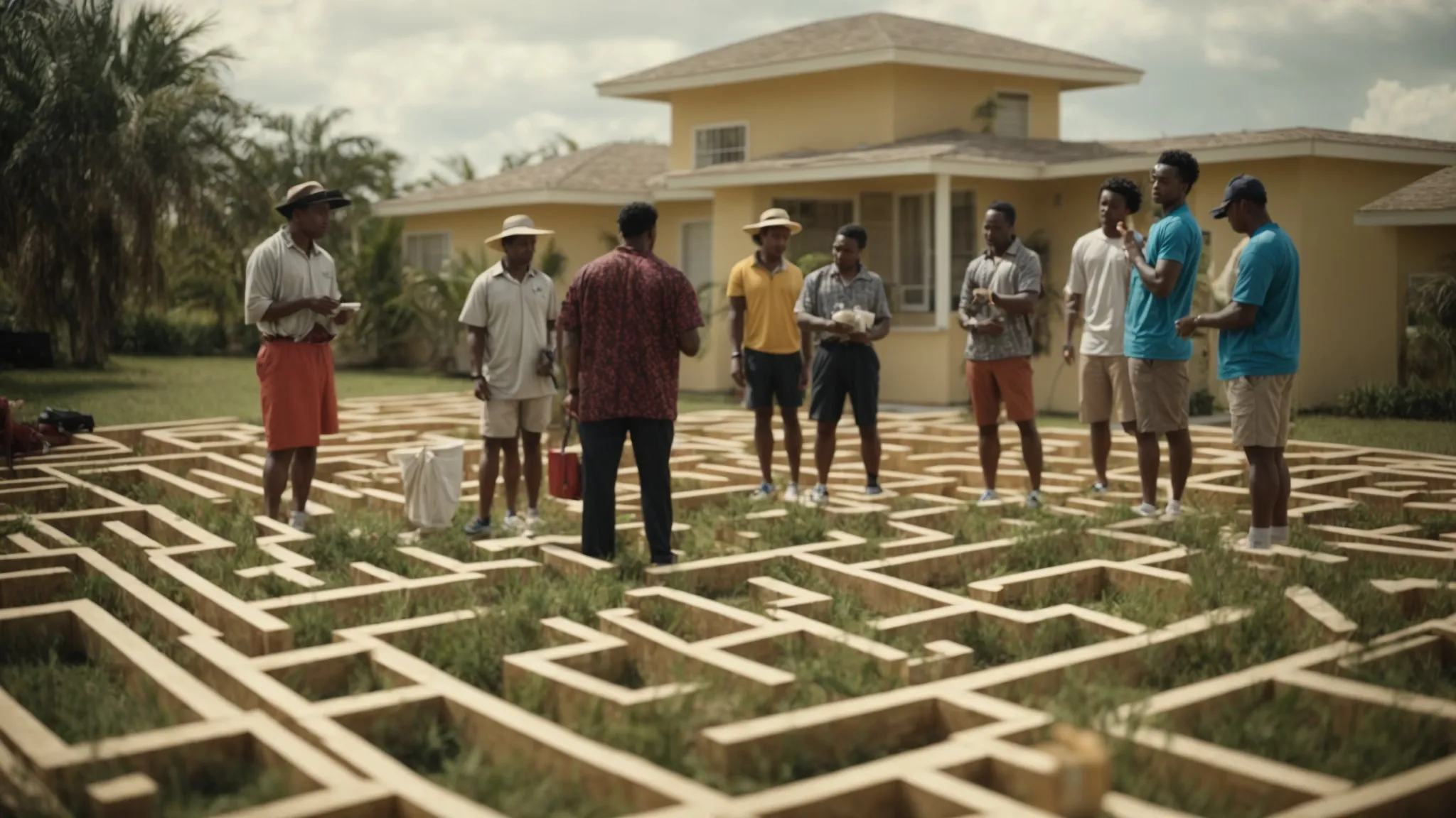 Create an image of a homeowner offering a cash incentive to a group of squatters in Florida, standing in front of a maze representing the challenges of selling a house with bad tenants.