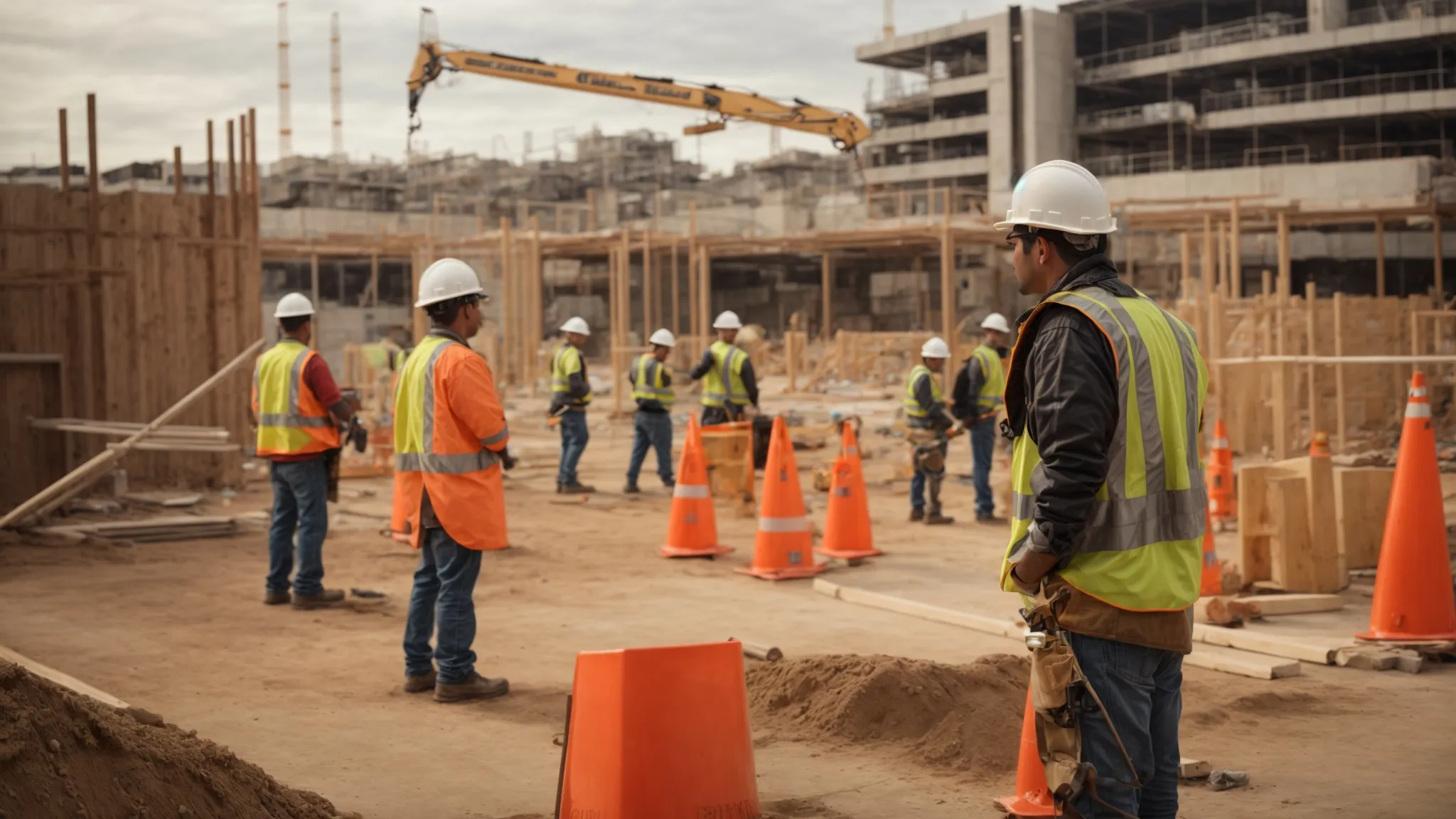 Create an image depicting construction workers in San Diego navigating through a construction site with safety gear and signage, showcasing the impact of safety regulations on construction processes.