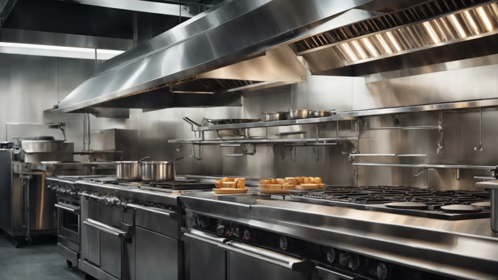 a commercial kitchen gleams with stainless steel surfaces, showcasing a large, clean hood exhaust system above a row of industrial stoves.
