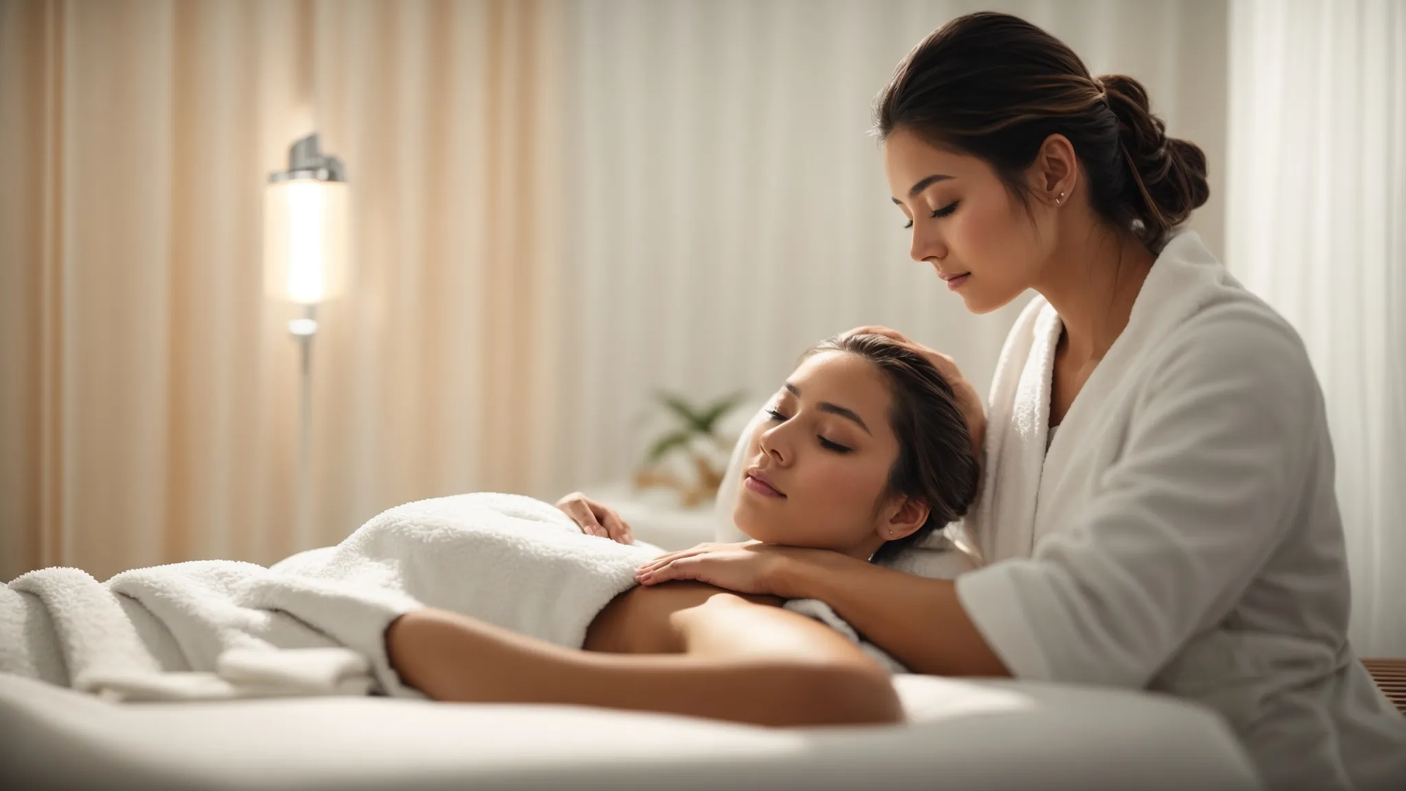 a person lies comfortably on a spa bed while a skin care professional applies a treatment to their face in a serene, well-lit room.