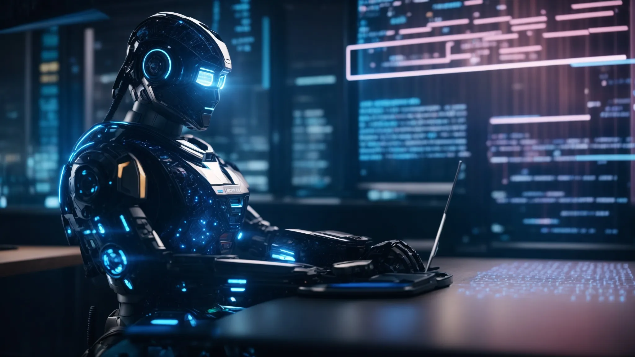 a gleaming, futuristic robot sitting at a desk, surrounded by swirling holograms of text and code, symbolizing the integration of natural language processing and personalized writing assistance.