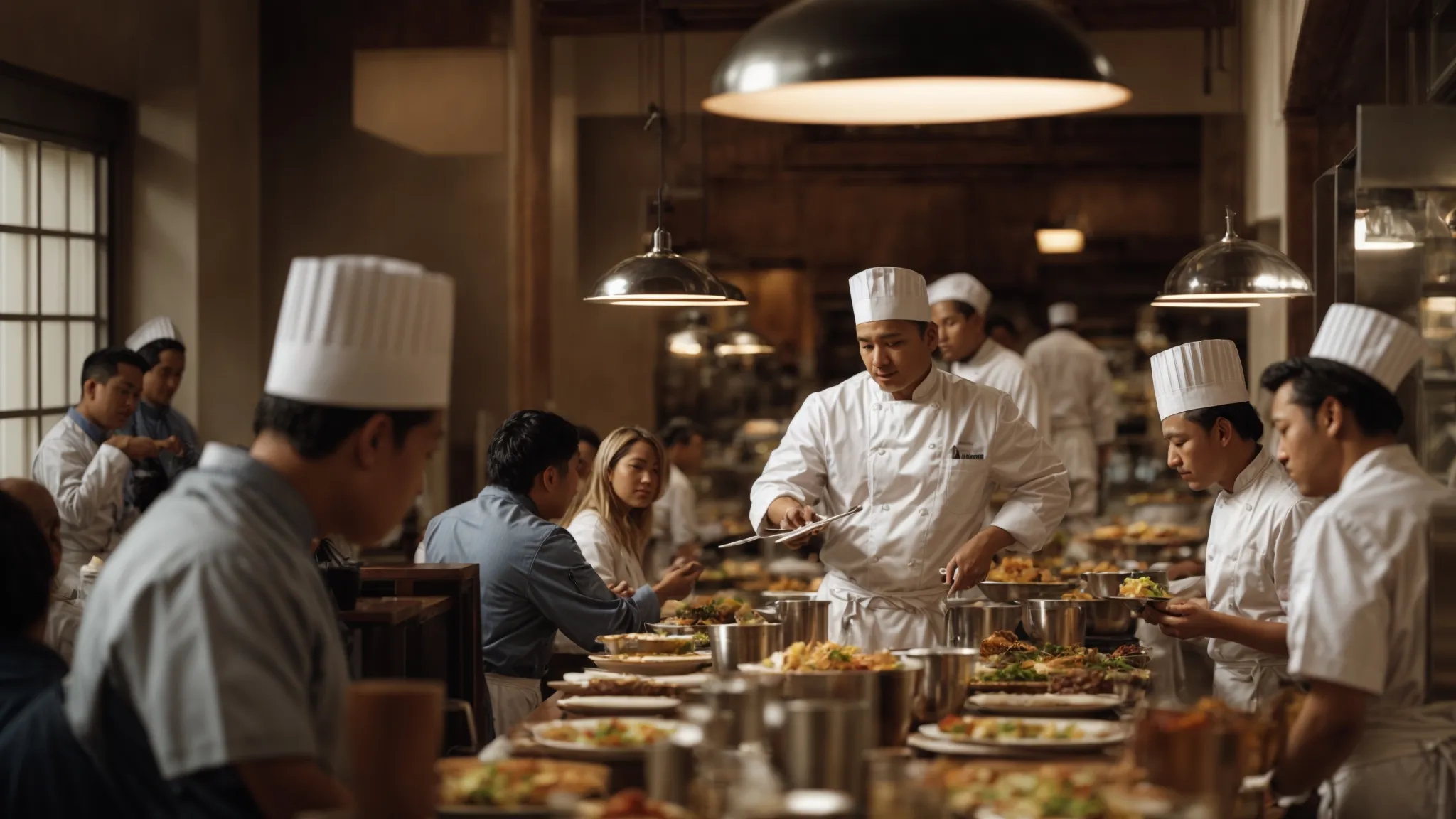 a chef observes a bustling, well-lit dining room filled with satisfied patrons enjoying their meal.