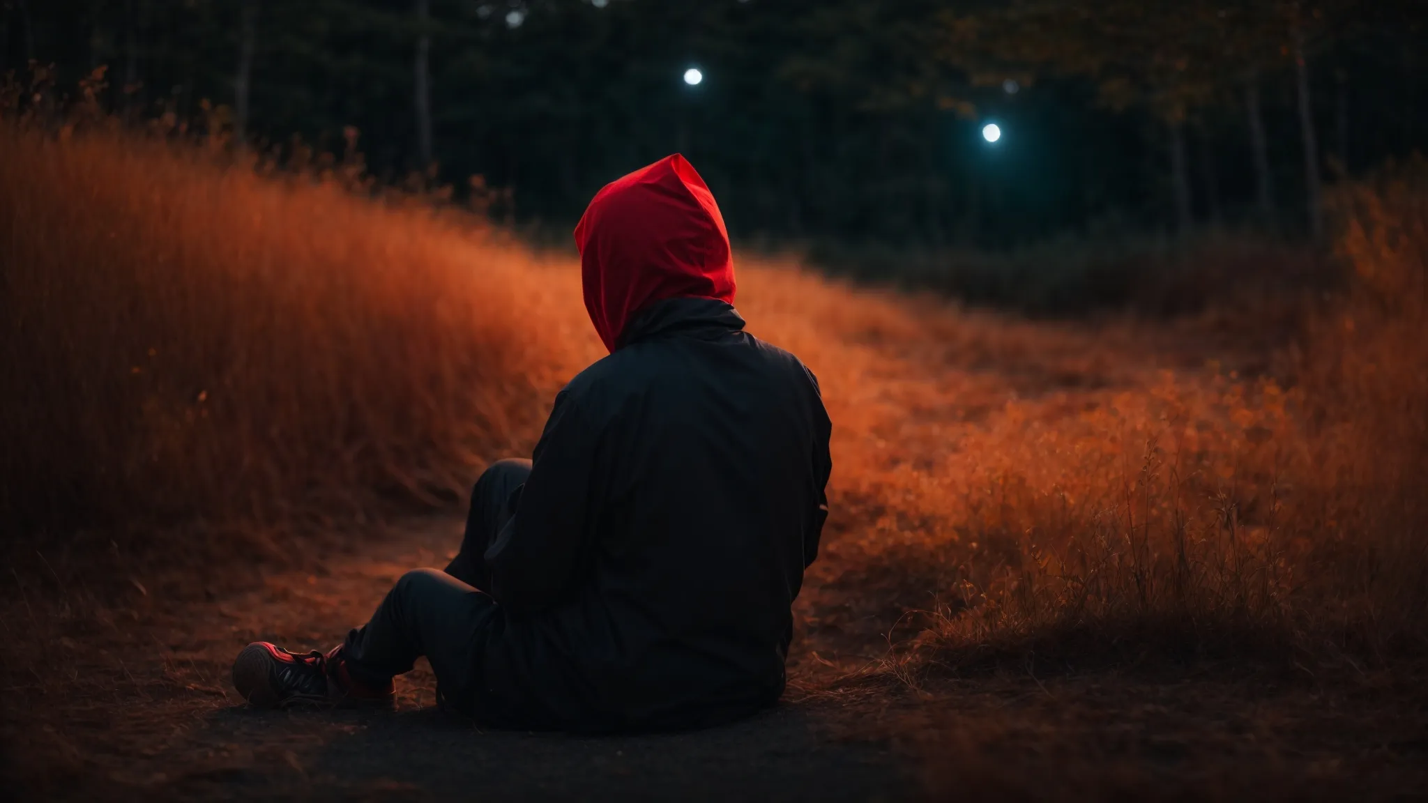 a person sitting comfortably with a glowing red light cap covering their head, visibly relaxed in a serene setting.