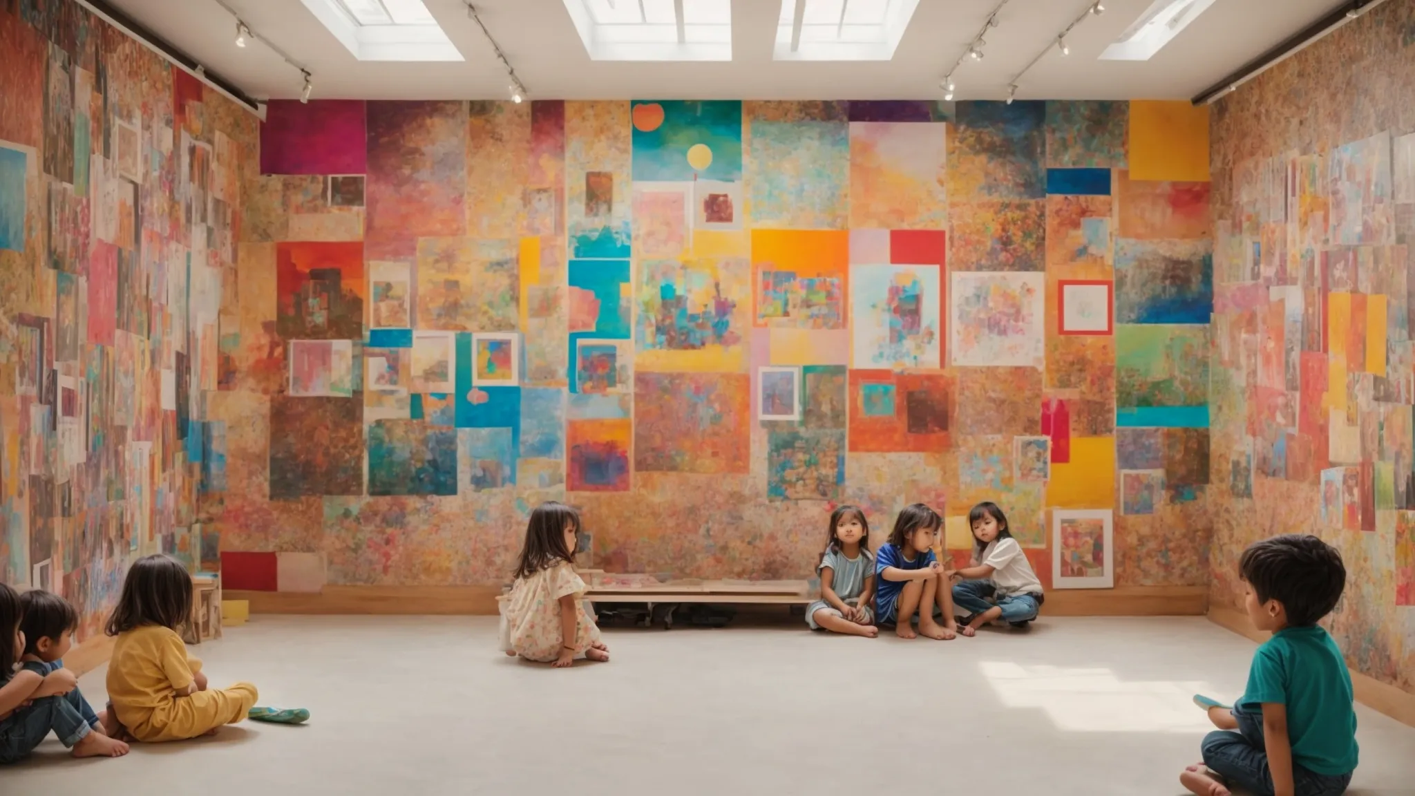 a vibrant collage of children's artwork and portraits covering the walls, transforming the space into a colorful celebration of young creativity.