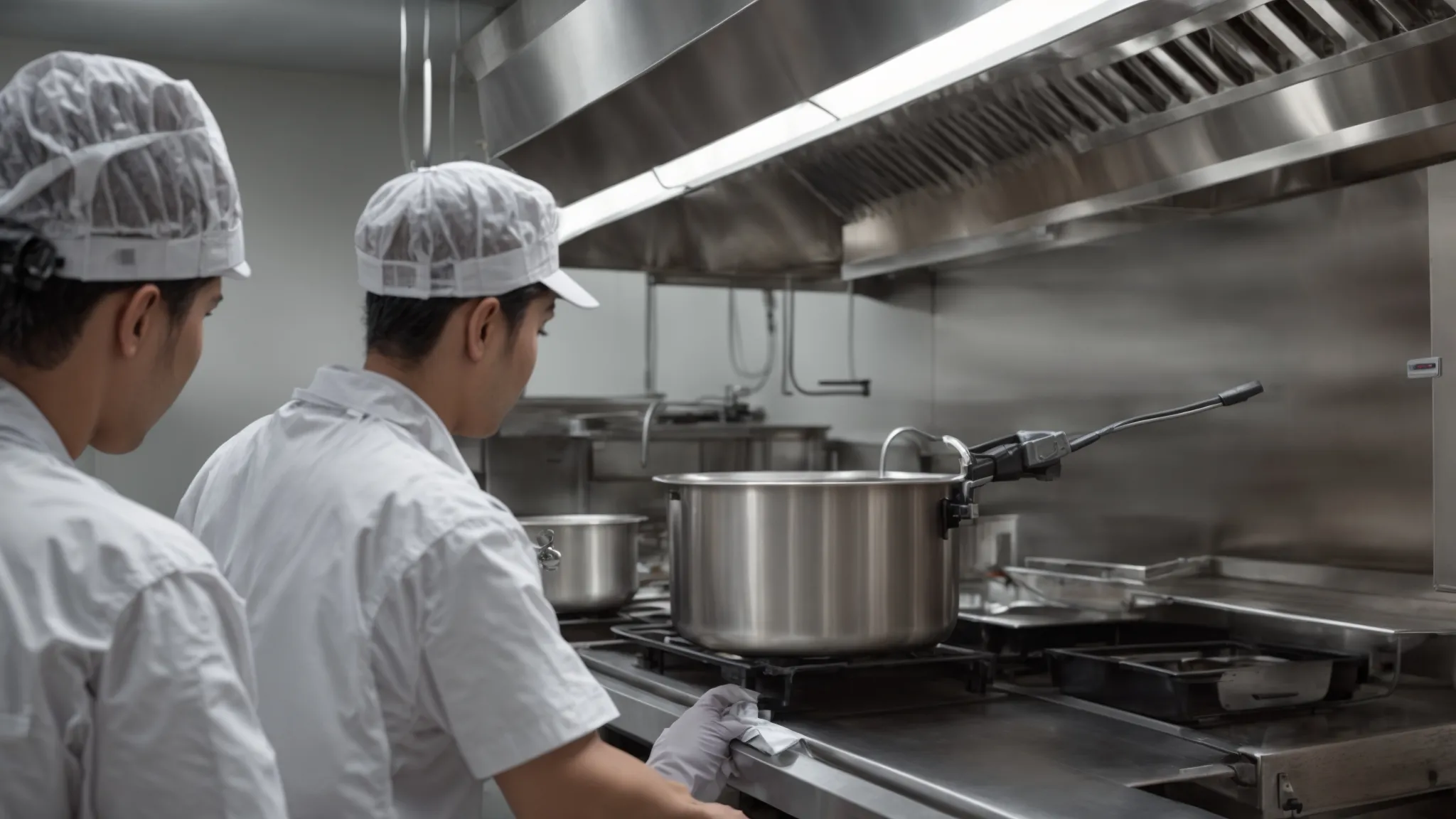 a professional team uses eco-friendly solutions and high-tech equipment to deep-clean a commercial kitchen hood.