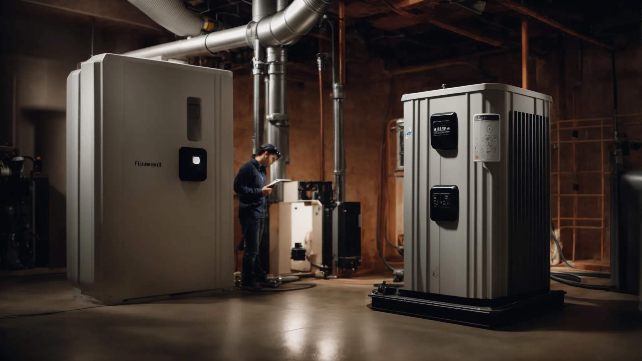 a focused individual attentively examines a modern sump pump system integrated with high-tech alert mechanisms in a clean, well-organized basement.