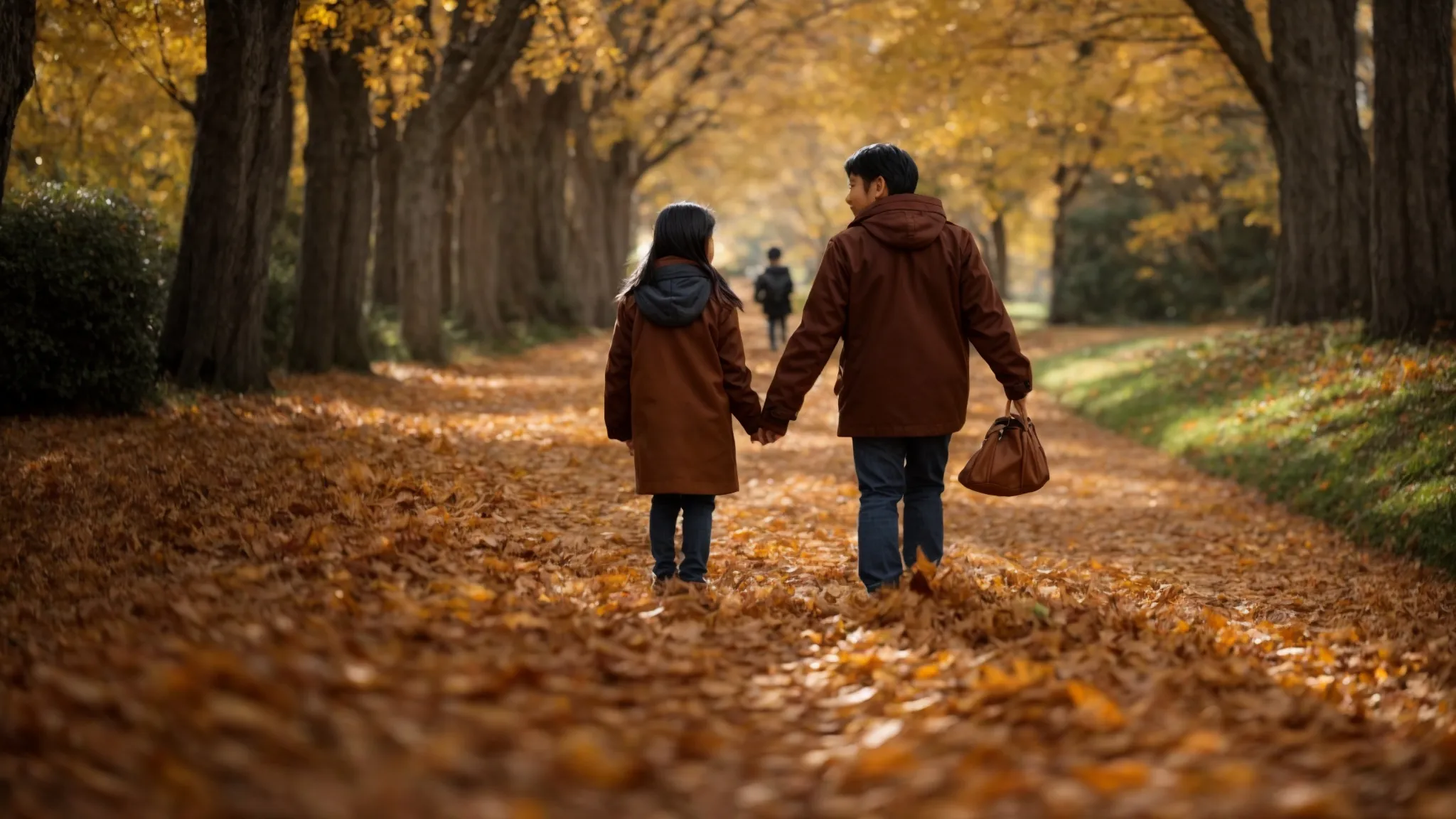 a parent and child walk side by side along a leaf-strewn path, with the child looking up in admiration as the parent gestures animatedly.
