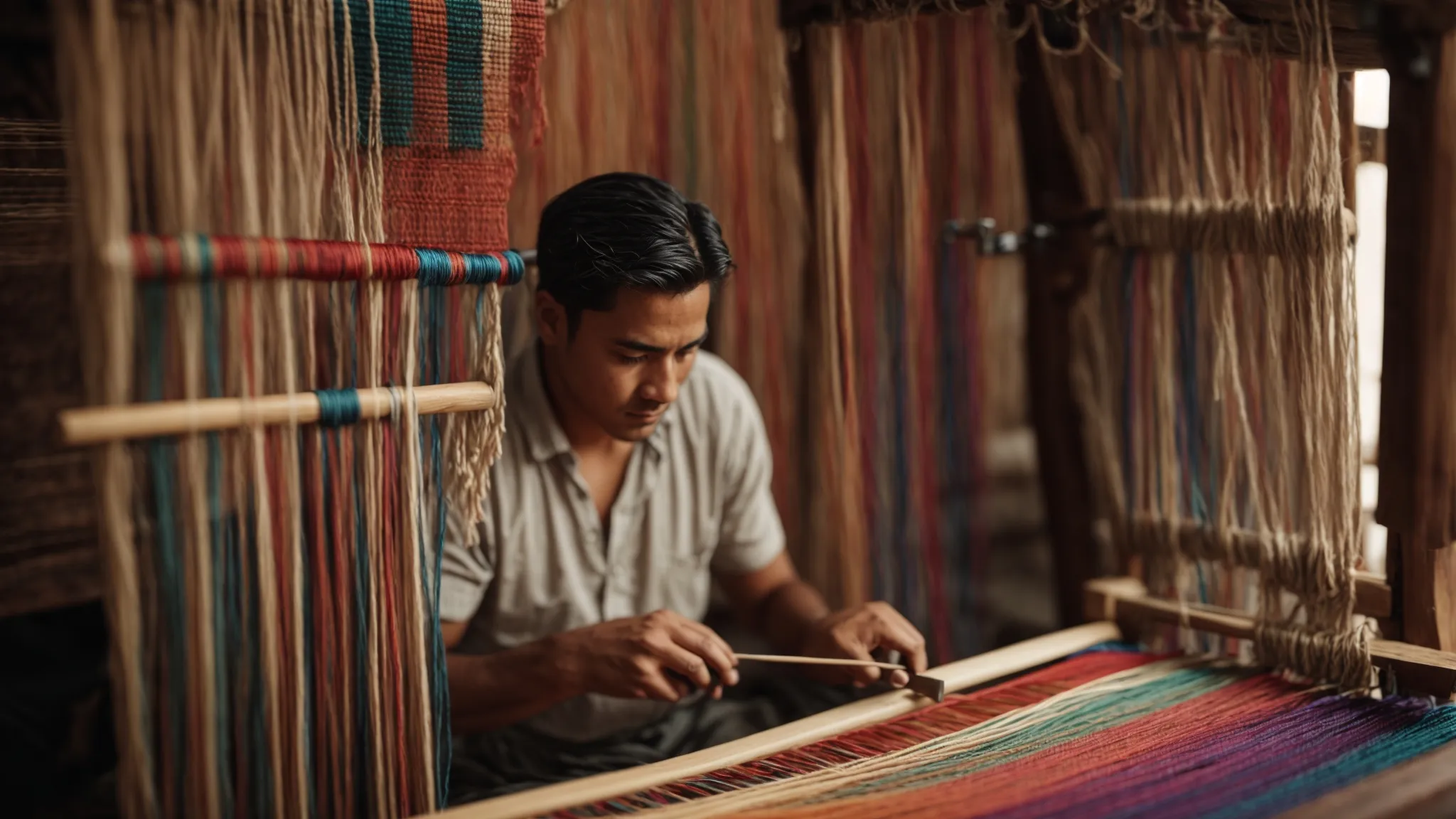a craftsman intently weaving a colorful tapestry on a traditional wooden loom.