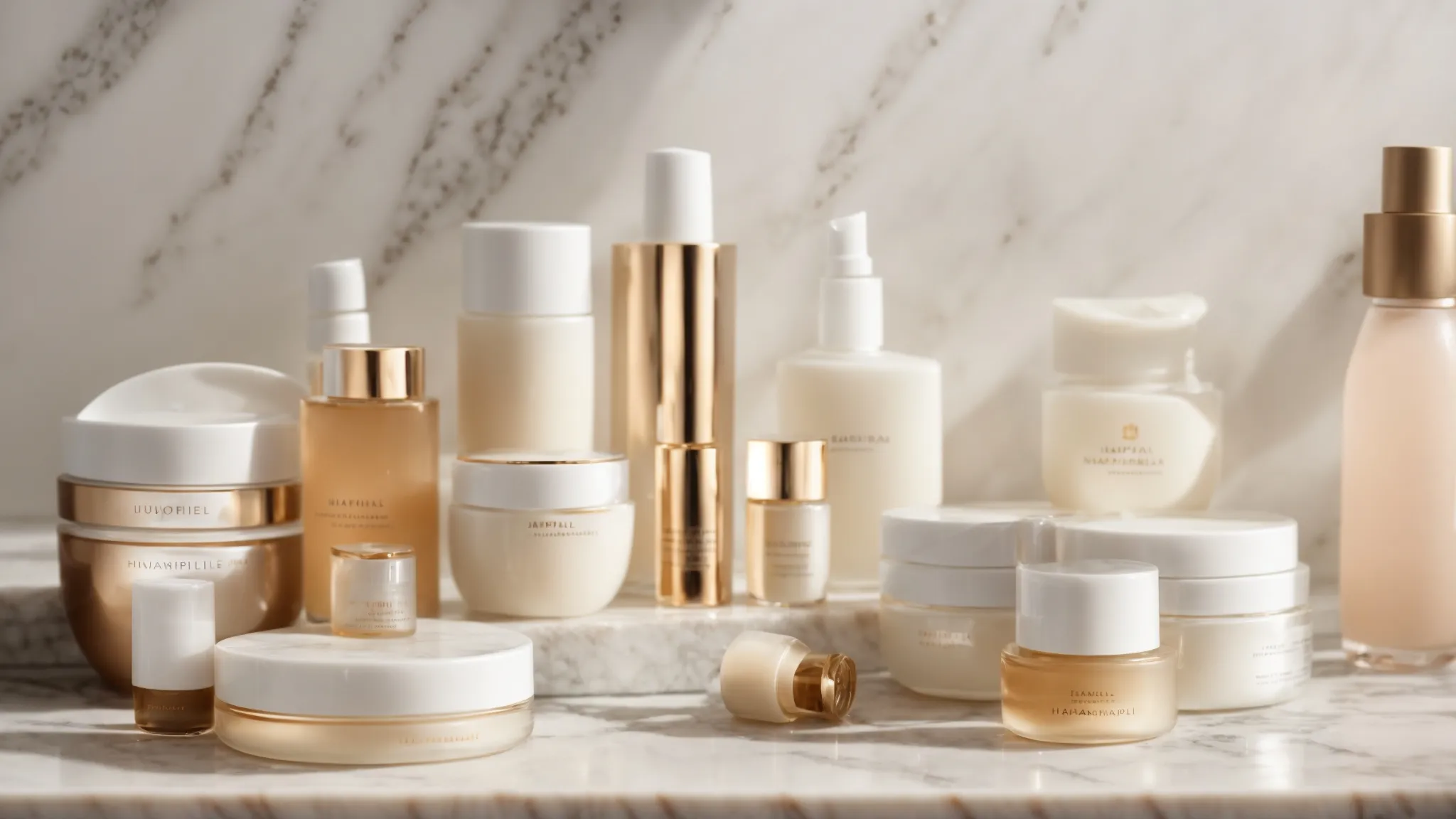 a luxurious array of skincare products elegantly displayed on a pristine marble countertop, bathed in soft, natural light.