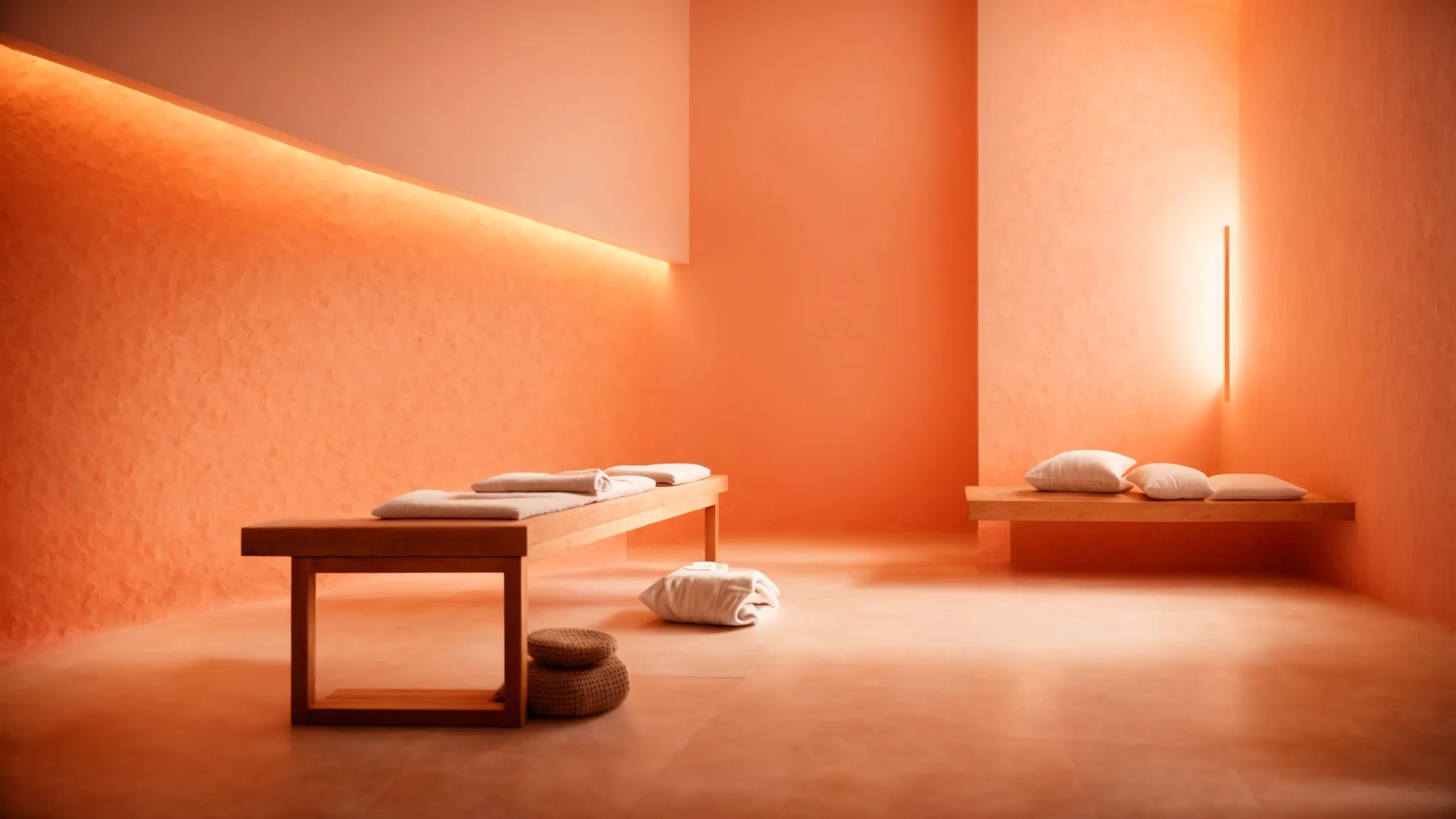 a serene spa room filled with glowing pinkish-orange himalayan salt walls, a minimalist bench, and a soft, warm light that invites relaxation.