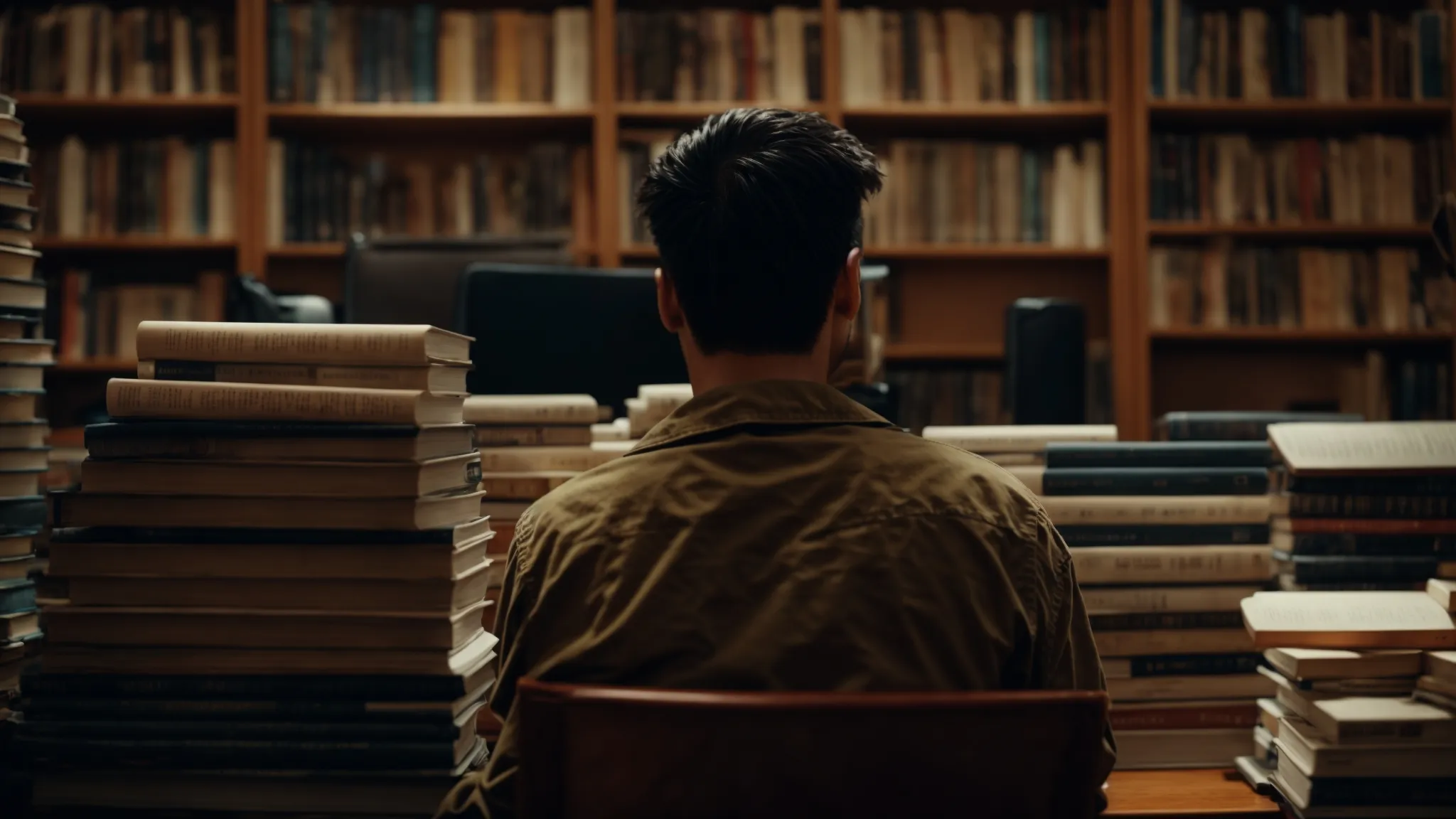 a person sitting in front of a computer, surrounded by books, deeply focused on the screen.