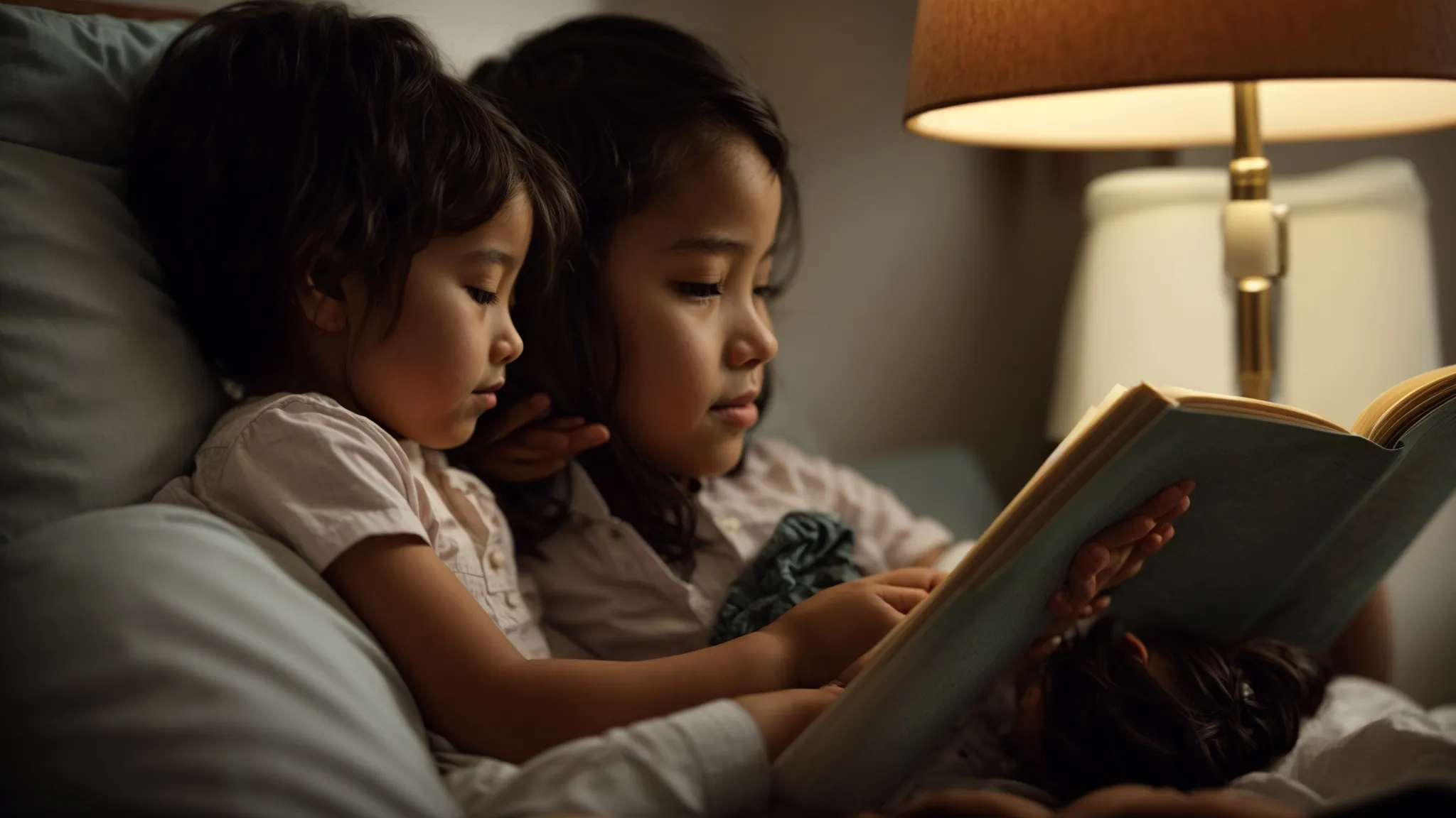 a parent and child sit together, absorbed in a book under the soft light of a reading lamp.