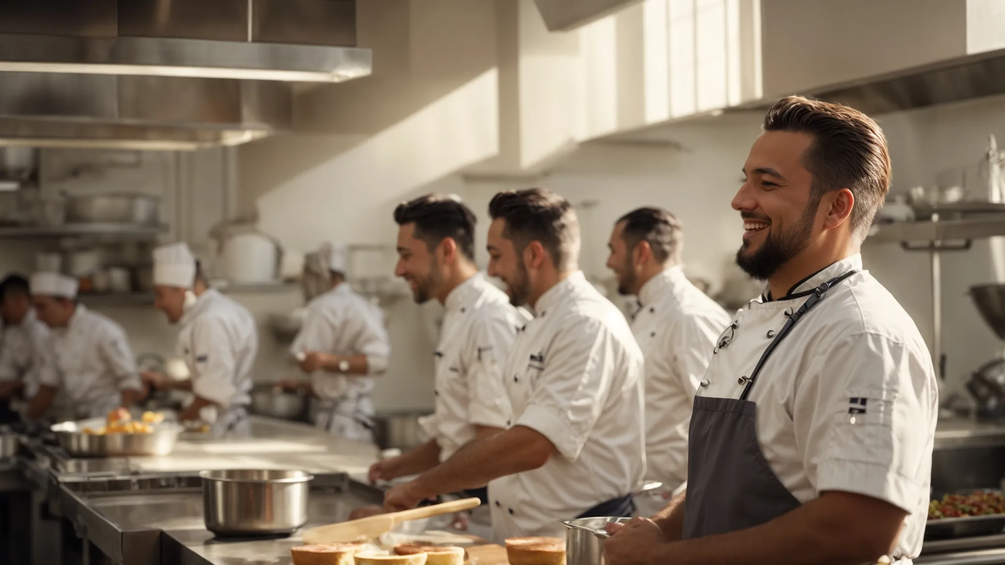 a team of chefs and kitchen workers cheerfully collaborate in a spotless, sunlit kitchen.