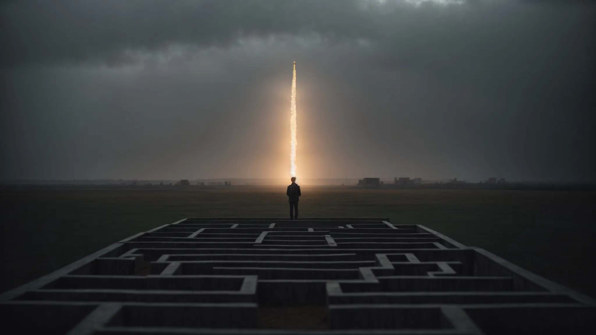 a person standing at the entrance of a maze, looking towards a shining beacon in the distance.