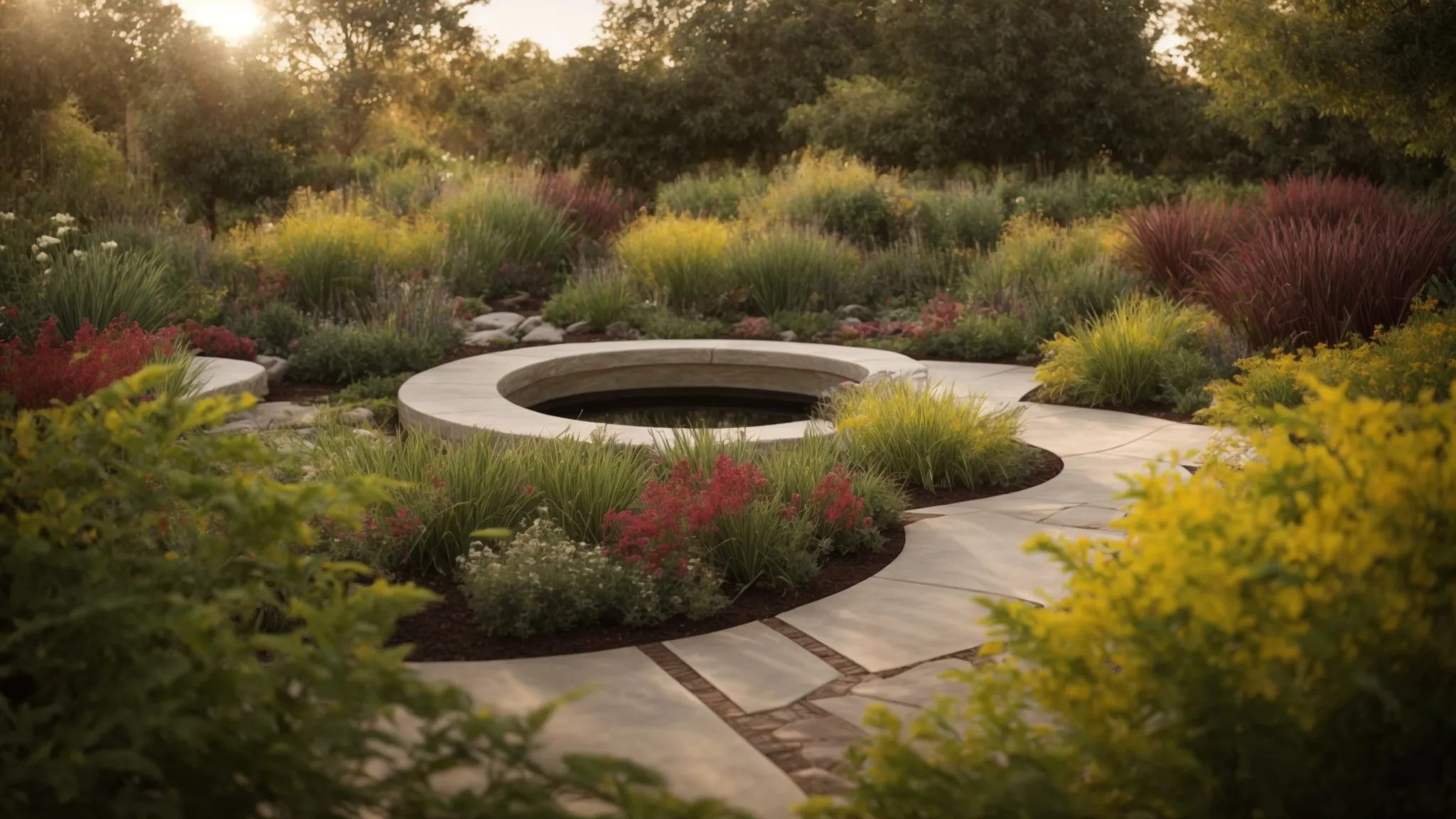 Create an image capturing a serene garden scene with vibrant native plants, a rainwater collection system, and a solar-powered lighting system. Showcase a harmonious blend of natural elements and sustainable practices in landscape design.