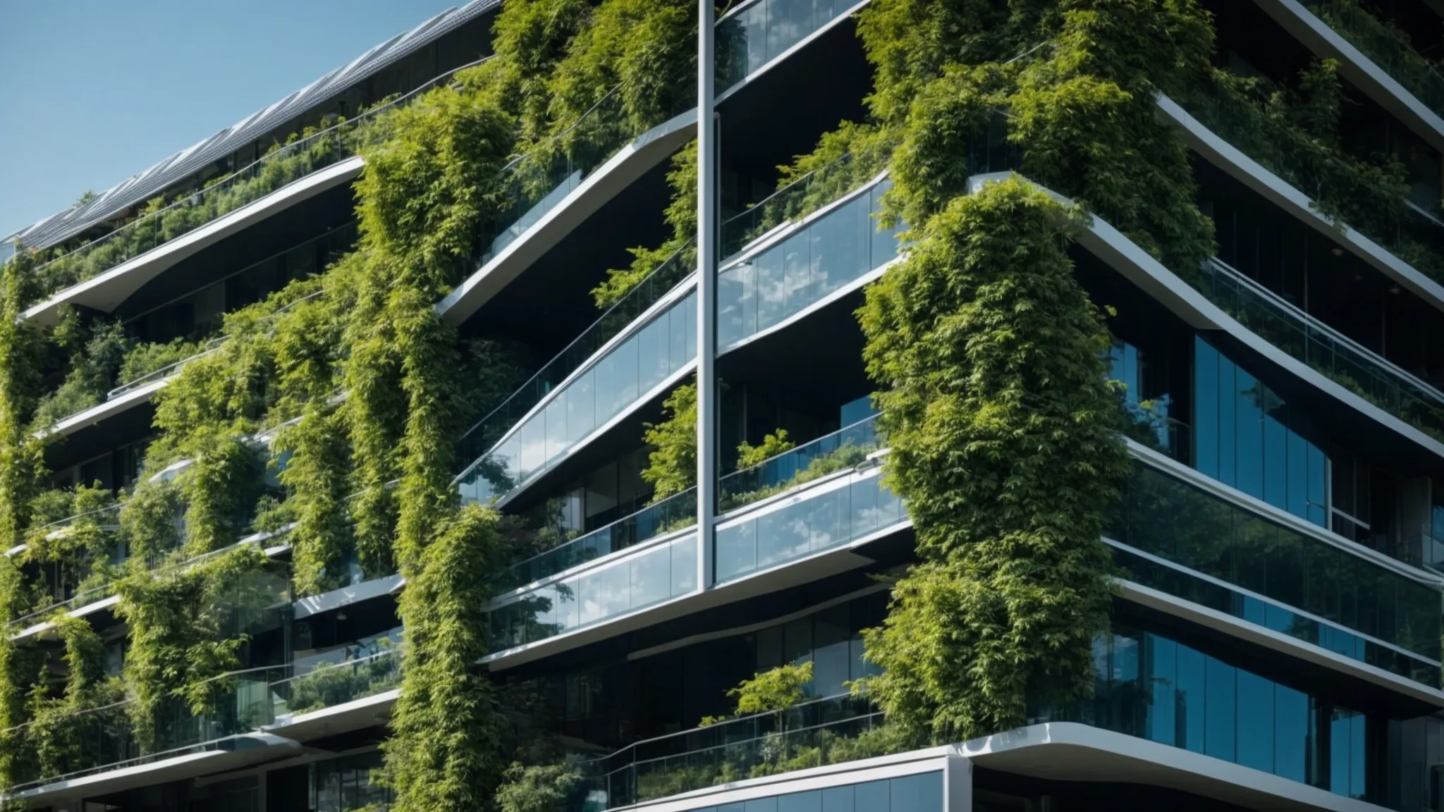 a modern, sleek building bedecked with solar panels under a clear blue sky, surrounded by lush greenery.