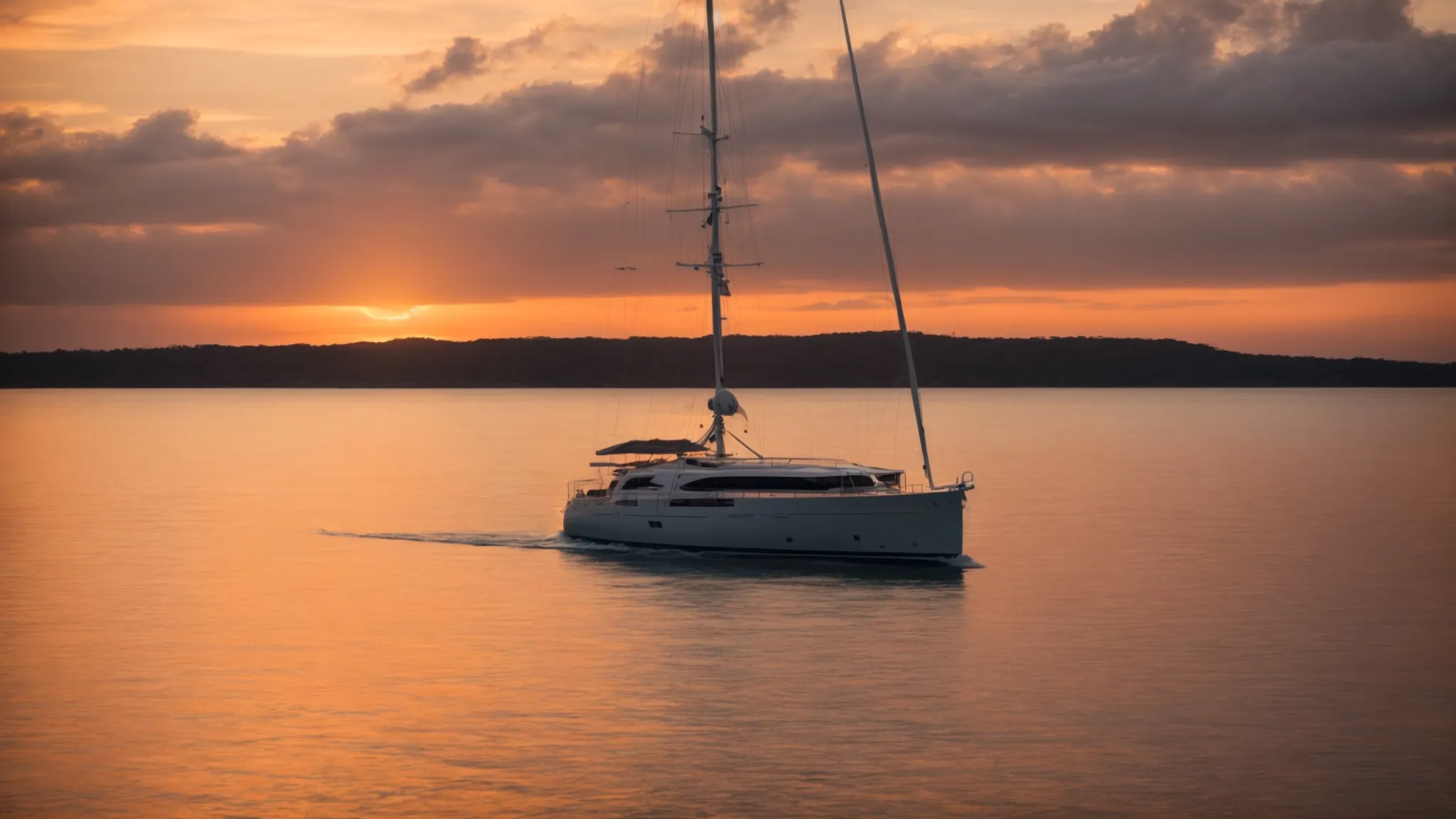 a serene yacht sails across a shimmering sunset, sketching the path to untouched islands.