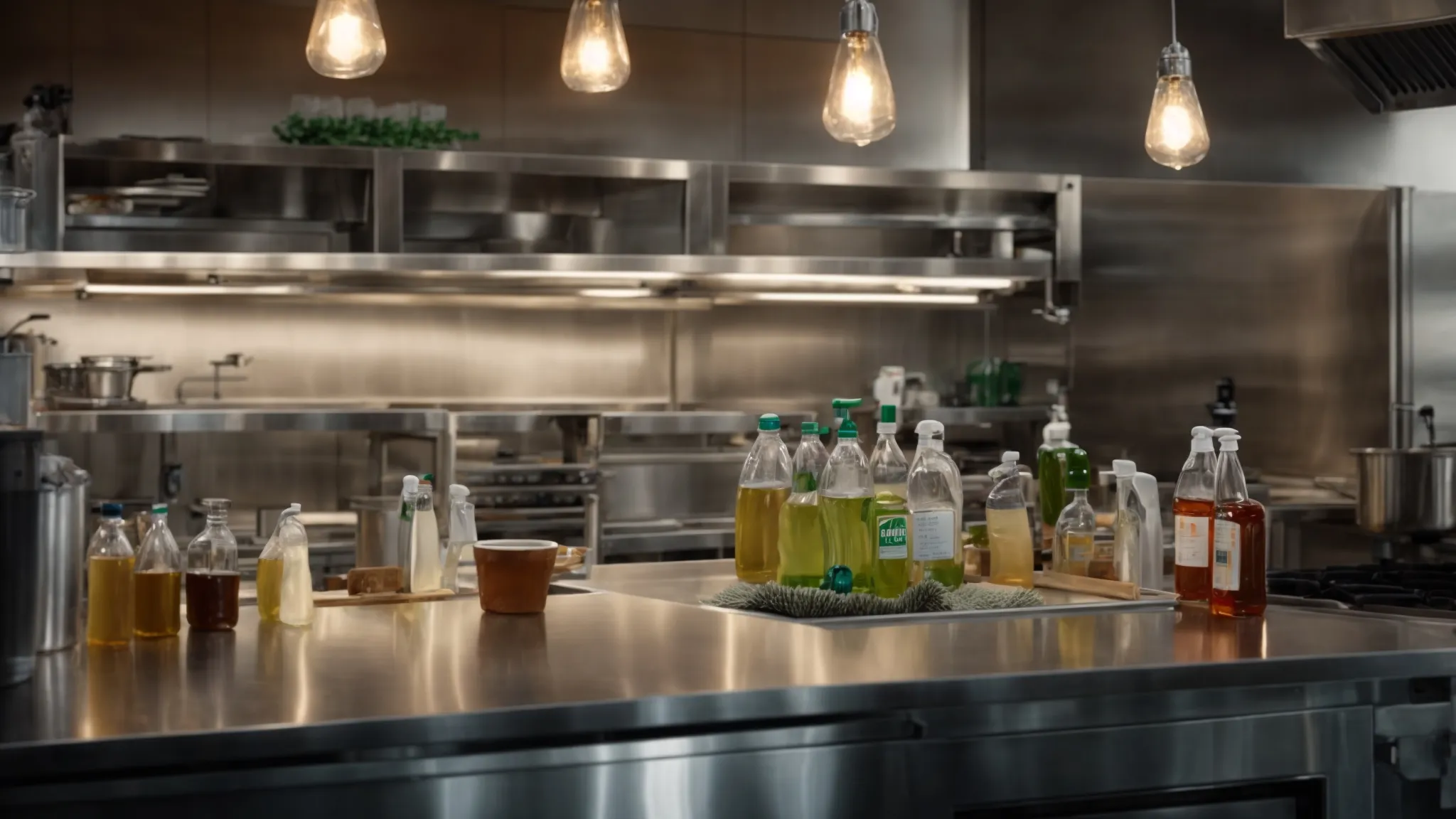 a commercial kitchen gleams under bright lights, surfaces spotless, with a focus on bottles of various cleaning agents on a pristine countertop.