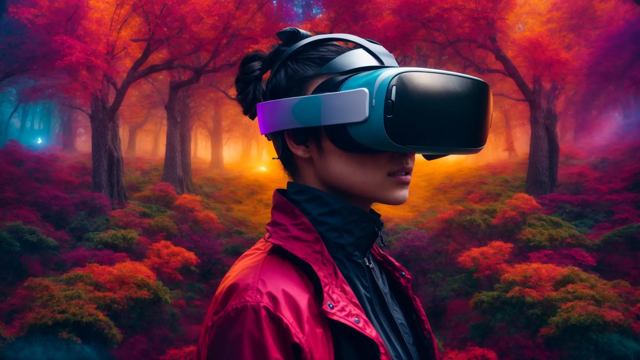 a person wearing a vr headset is immersed in a digital landscape, with vivid colors and futuristic elements enveloping them.