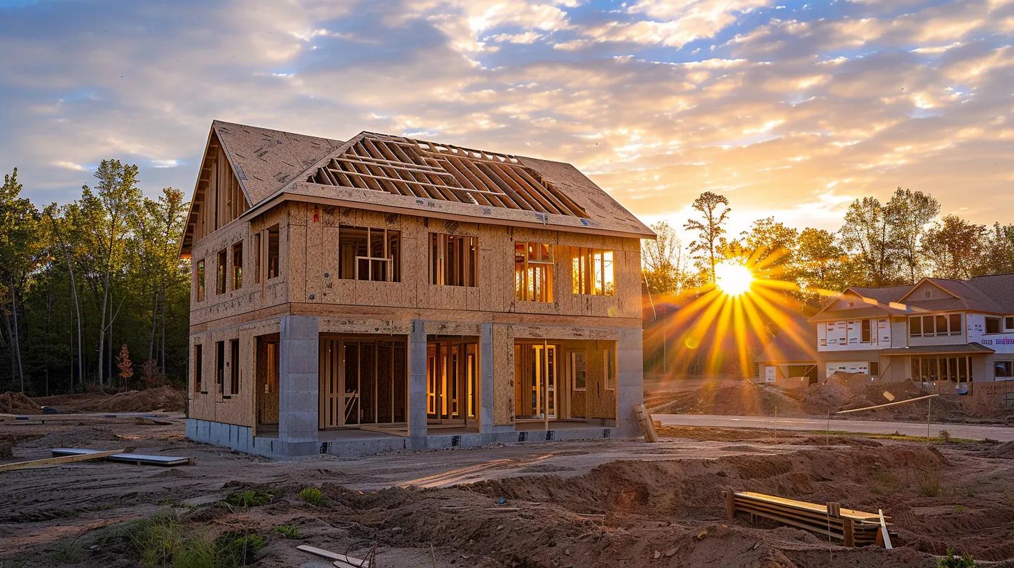 a beautifully-rendered custom home under construction, showcasing the contrast between the pristine structure and the looming costs represented by subtle shadows of hidden charges, with a bright afternoon sun illuminating the scene to highlight the importance of budget planning. a beautifully-rendered custom home under construction, showcasing the contrast between the pristine structure and the looming costs represented by subtle shadows of hidden charges, with a bright afternoon sun illuminating the scene to highlight the importance of budget planning.