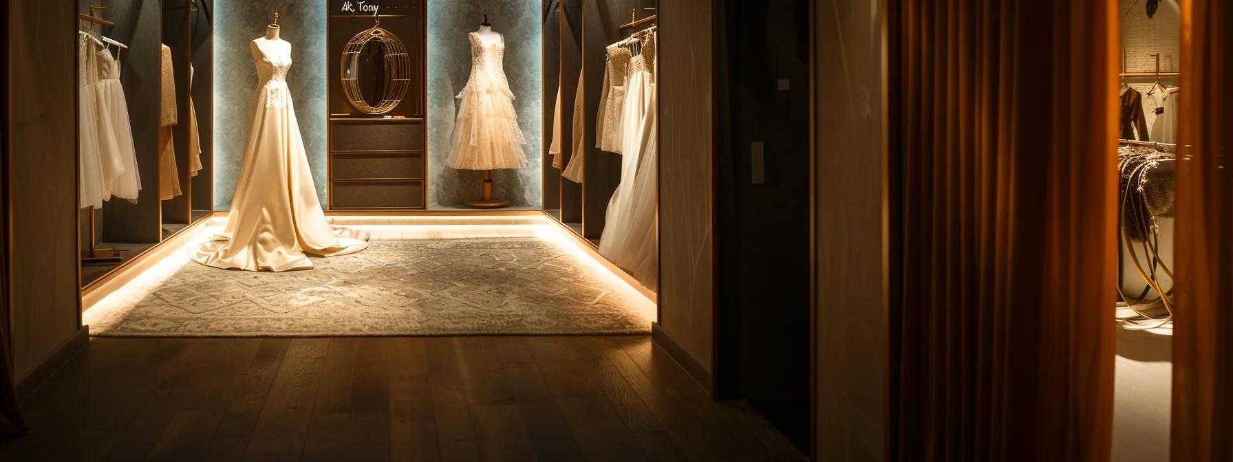 a beautifully arranged boutique bridal fitting room, featuring elegant gowns on display, soft, warm lighting highlighting a comfortable consultation area where a bride is discussing personalized fitting options with an expert dressmaker. a beautifully arranged boutique bridal fitting room, featuring elegant gowns on display, soft, warm lighting highlighting a comfortable consultation area where a bride is discussing personalized fitting options with an expert dressmaker.