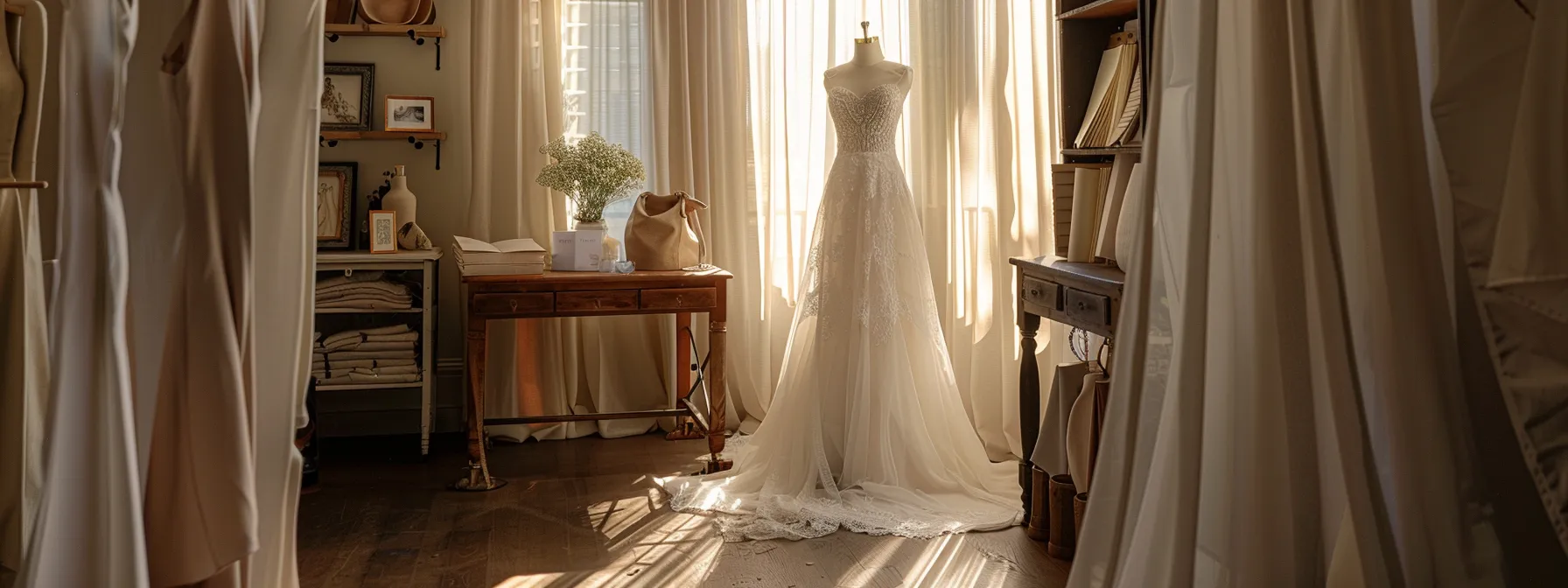 a beautifully arranged bridal fitting room, showcasing an elegant wedding gown on a dress form, surrounded by fabric swatches and tailoring tools, illuminated by soft, natural light filtering through sheer curtains. a beautifully arranged bridal fitting room, showcasing an elegant wedding gown on a dress form, surrounded by fabric swatches and tailoring tools, illuminated by soft, natural light filtering through sheer curtains.