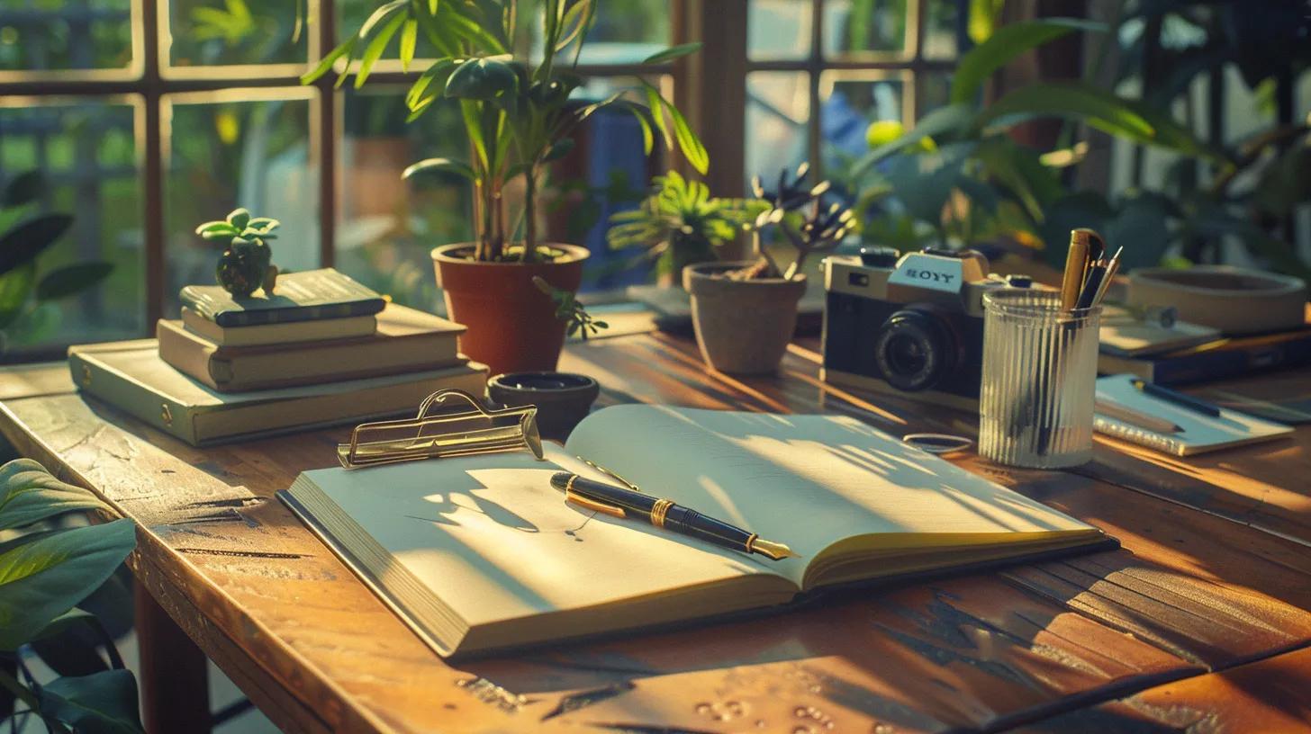 a beautifully arranged coastal-inspired workspace featuring an elegant fountain pen resting on premium stationery, bathed in warm, natural light, inviting creativity and personal expression. a beautifully arranged coastal-inspired workspace featuring an elegant fountain pen resting on premium stationery, bathed in warm, natural light, inviting creativity and personal expression.