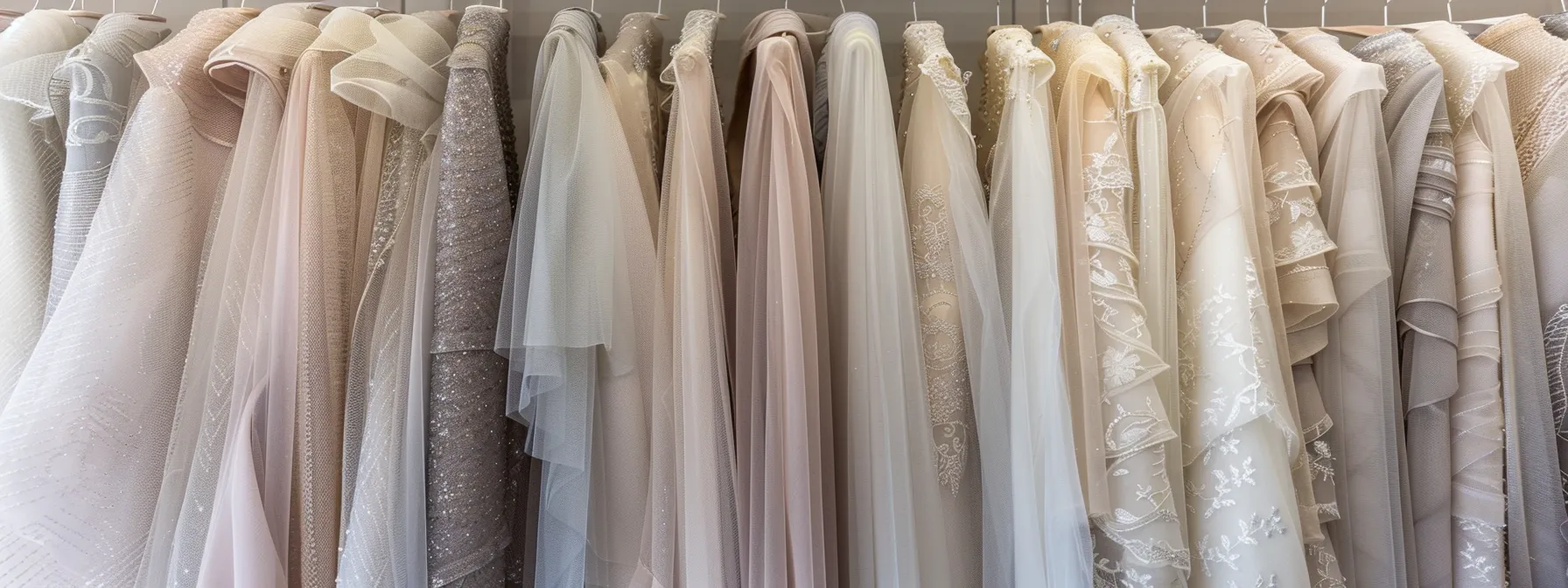 a beautifully arranged display of elegant modest wedding dress fabrics in luxurious textures and soft hues, set in a chic bridal boutique with sophisticated lighting highlighting their delicate details.