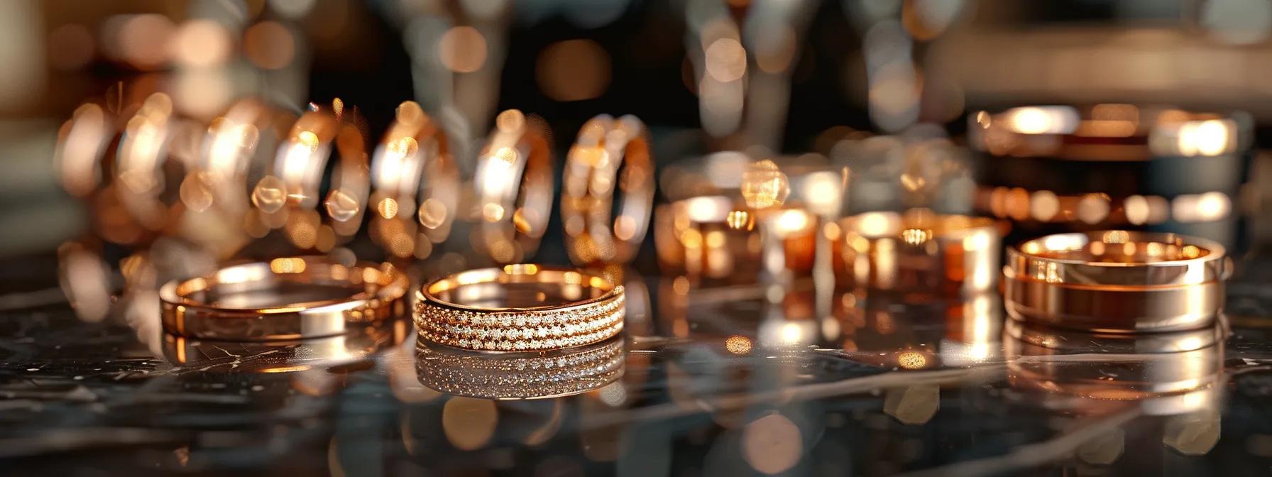 a beautifully arranged display of rose gold wedding bands glimmers on a sleek, polished black marble countertop, reflecting their unique pink hue and highlighting the romantic essence of love, with soft, ambient lighting enhancing their elegance in an intimate jewelry boutique setting. a beautifully arranged display of rose gold wedding bands glimmers on a sleek, polished black marble countertop, reflecting their unique pink hue and highlighting the romantic essence of love, with soft, ambient lighting enhancing their elegance in an intimate jewelry boutique setting.