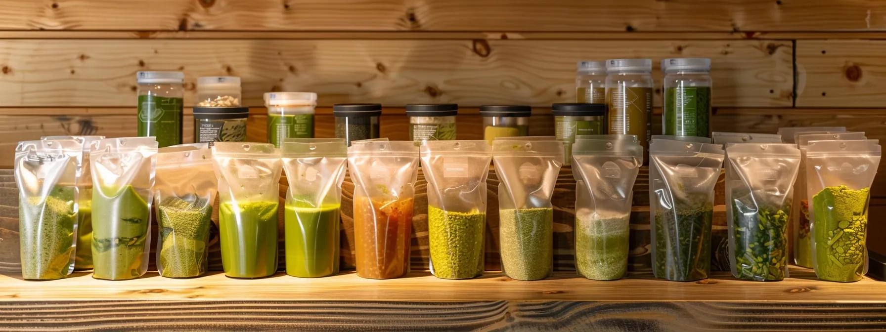 a beautifully arranged display of various airtight, opaque containers and vacuum-sealed bags filled with vibrant mushroom matcha mix, set against a softly lit wooden background, emphasizing freshness and quality.