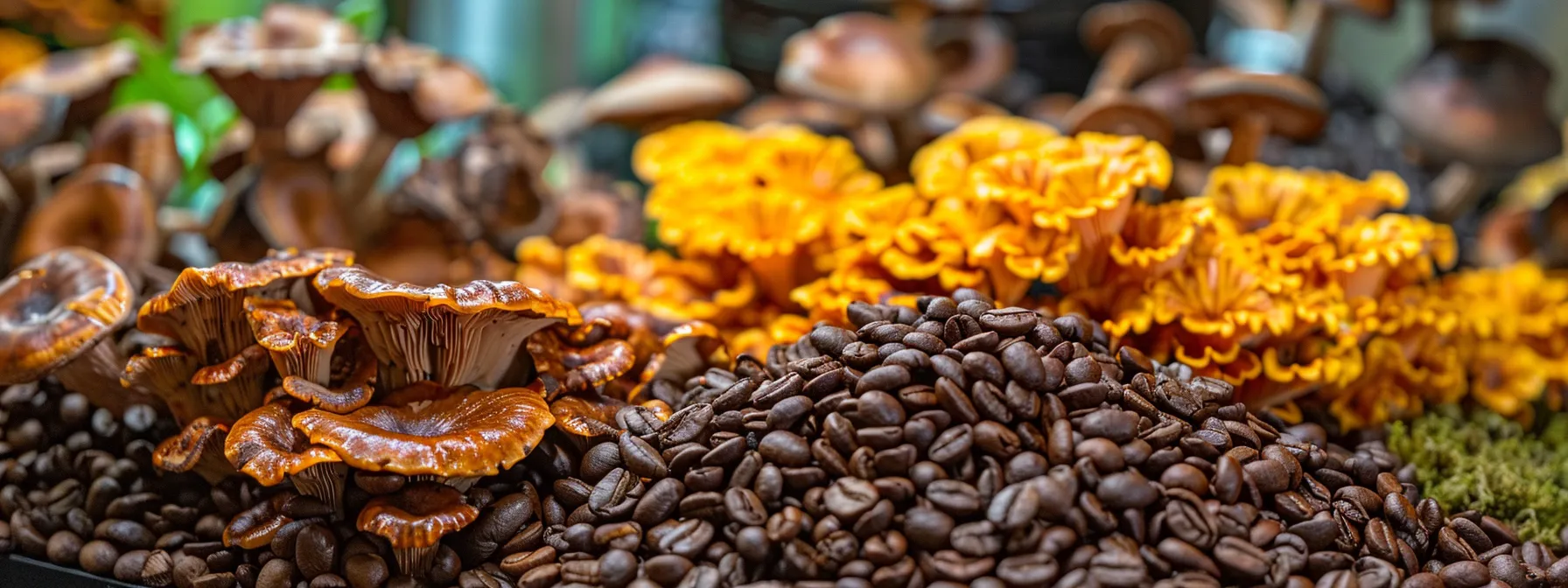 a beautifully arranged display of premium mushroom coffee featuring rich hues of roasted coffee beans, vibrant lion's mane and reishi mushrooms, bathed in warm, natural light to emphasize their health benefits and quality ingredients.