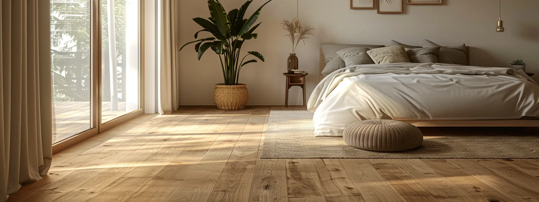 a beautifully arranged engineered wood flooring installation showcases a seamless click-lock method, radiating warmth with soft, ambient lighting in a serene, modern bedroom setting. a beautifully arranged engineered wood flooring installation showcases a seamless click-lock method, radiating warmth with soft, ambient lighting in a serene, modern bedroom setting.