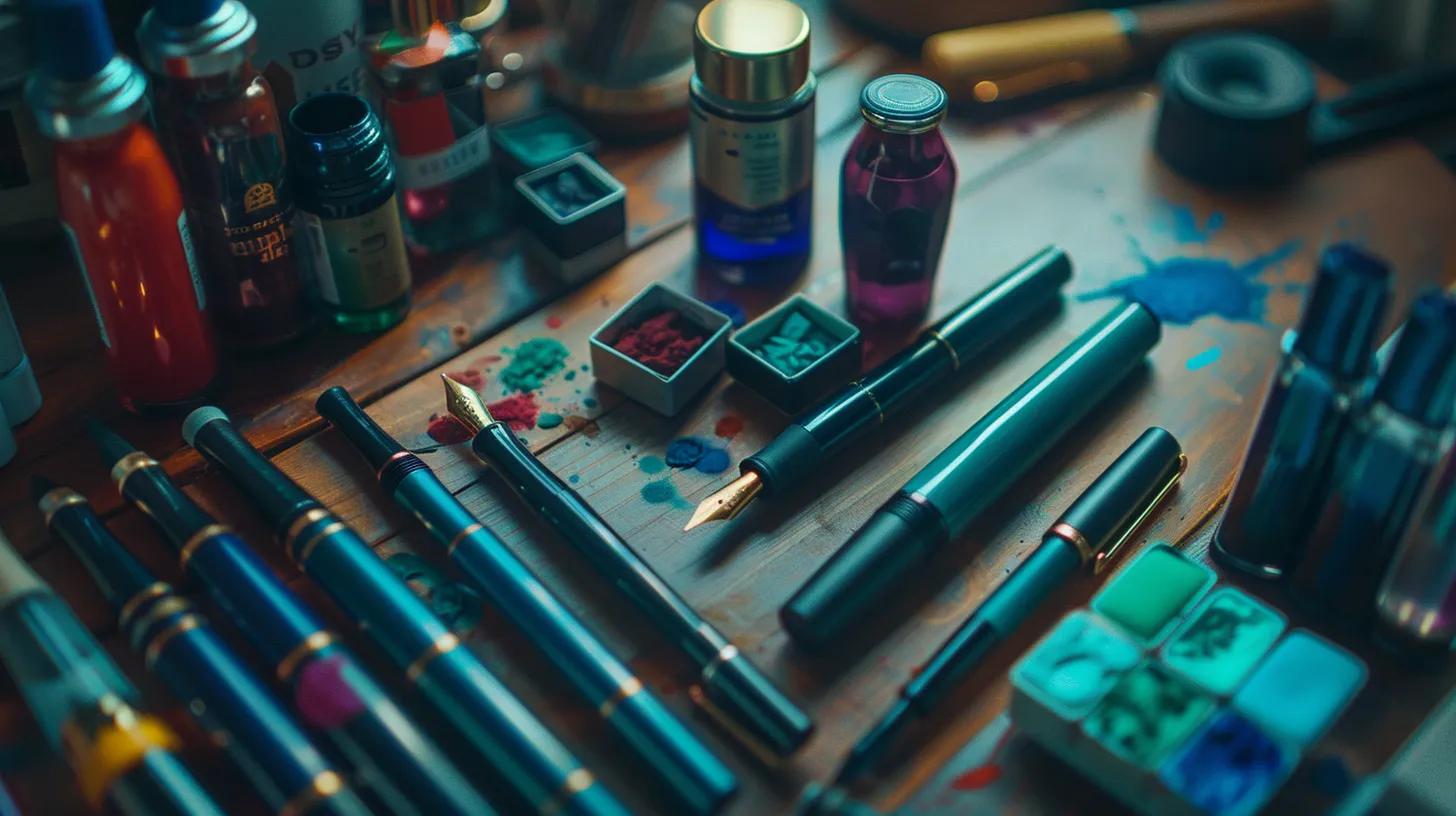 a beautifully arranged flat lay of elegant fountain pens and vibrant ink bottles sprawled across a wooden desk, bathed in soft natural light, evoking a sense of creativity and personal expression in a coastal-inspired setting. a beautifully arranged flat lay of elegant fountain pens and vibrant ink bottles sprawled across a wooden desk, bathed in soft natural light, evoking a sense of creativity and personal expression in a coastal-inspired setting.