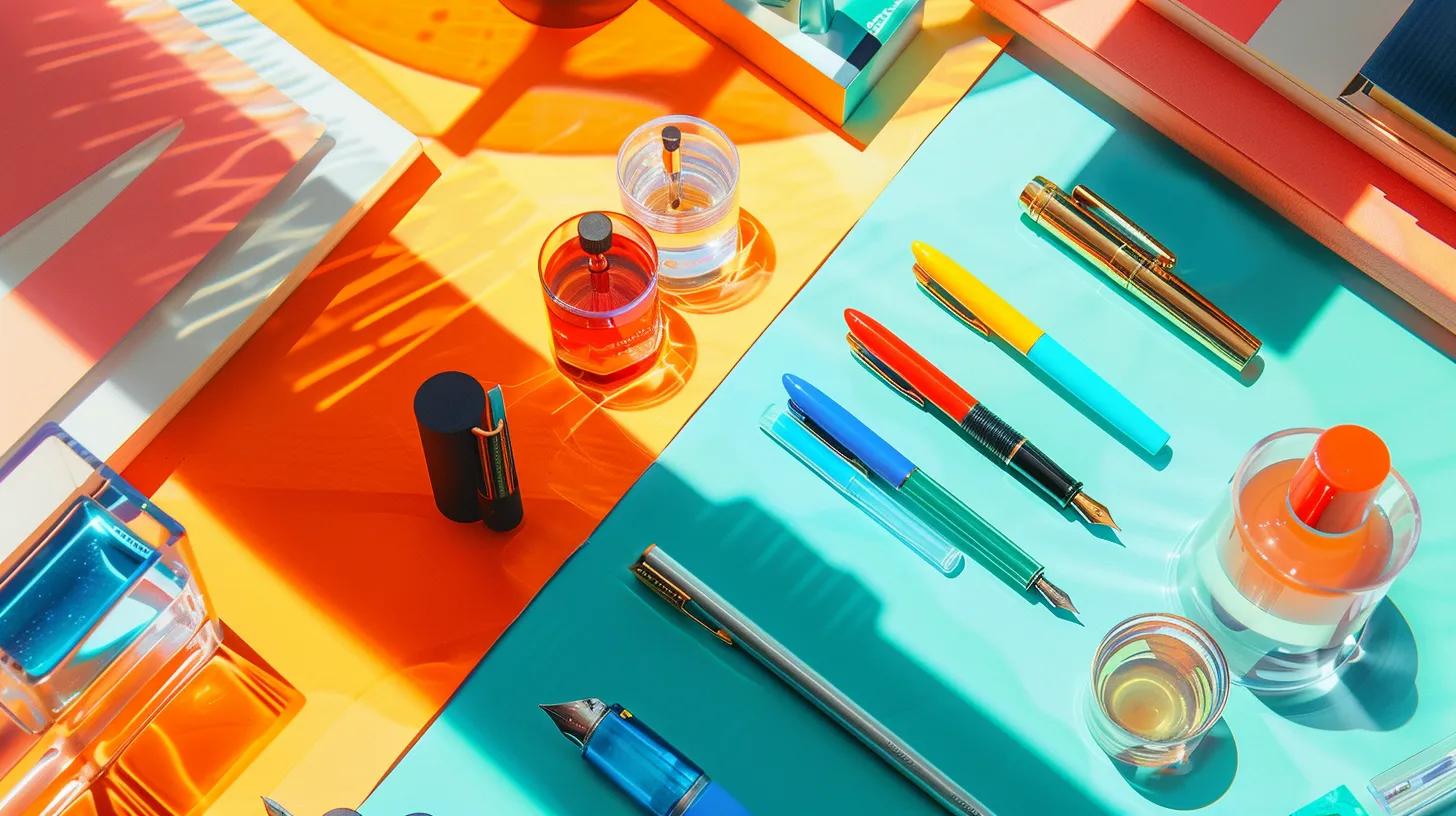 a beautifully arranged flat lay of premium fountain pens, vibrant ink bottles, and high-quality stationery set against a sunlit coastal-inspired backdrop, evoking a sense of creativity and elegance. a beautifully arranged flat lay of premium fountain pens, vibrant ink bottles, and high-quality stationery set against a sunlit coastal-inspired backdrop, evoking a sense of creativity and elegance.