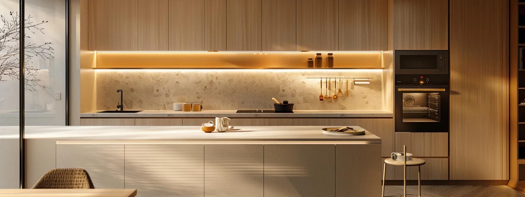 a beautifully arranged modern kitchen with sleek, functional furniture and warm, inviting lighting, seamlessly blending style and practicality for cooking enthusiasts.