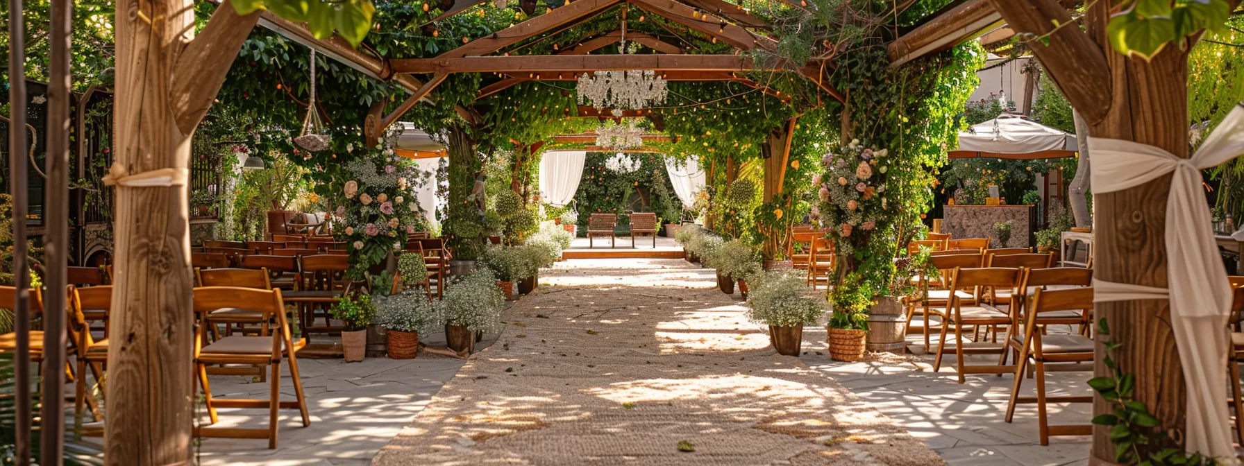 a beautifully arranged outdoor wedding venue featuring charming wooden accents and elegant arches adorned with wildflowers, all complemented by relaxed lounge areas draped in burlap and lace for a refined rustic atmosphere. a beautifully arranged outdoor wedding venue featuring charming wooden accents and elegant arches adorned with wildflowers, all complemented by relaxed lounge areas draped in burlap and lace for a refined rustic atmosphere.