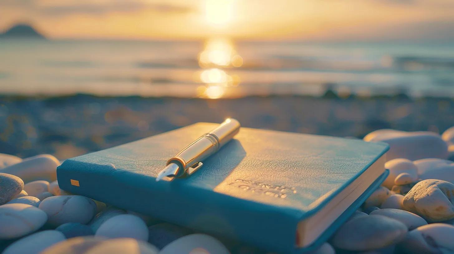 a beautifully arranged shot of a sleek fountain pen resting on a pastel-colored notebook, set against a sunlit coastal backdrop, conveys a sense of inspiration and the joy of writing. a beautifully arranged shot of a sleek fountain pen resting on a pastel-colored notebook, set against a sunlit coastal backdrop, conveys a sense of inspiration and the joy of writing.