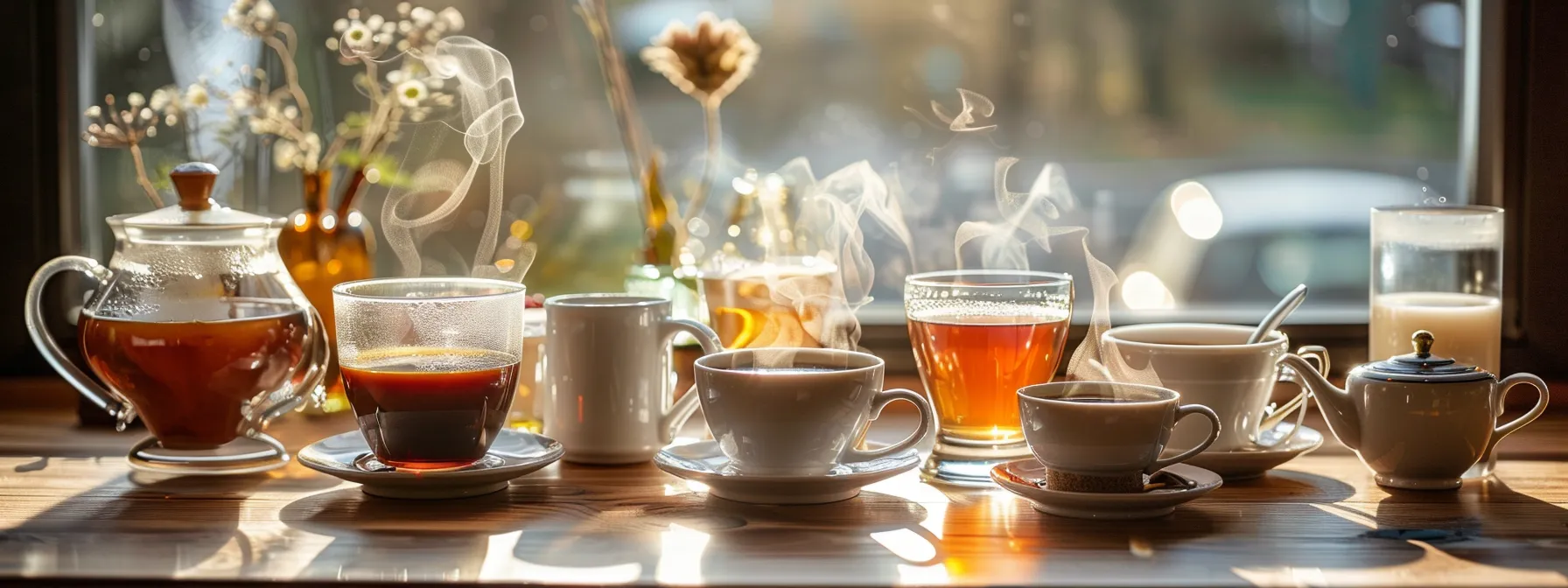 a beautifully arranged table showcases an array of steaming hot beverages, including rich coffee, delicate tea, and decadent hot chocolate, each cup radiating warmth and inviting aromas in a softly lit, cozy setting.