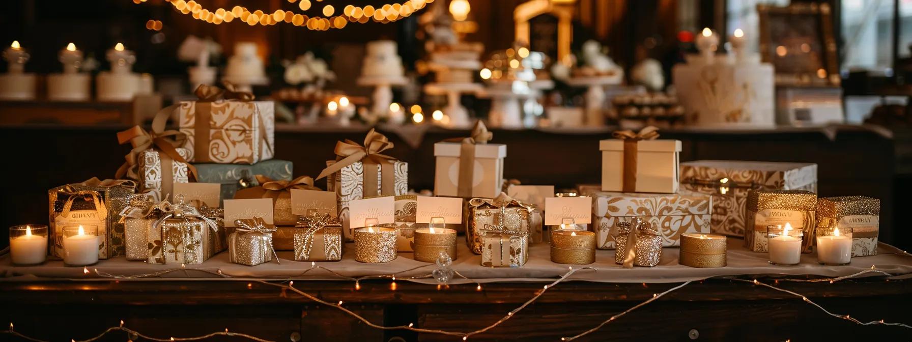 a beautifully arranged wedding reception table adorned with elegantly customized favor signs reflecting various themes, set against a backdrop of sophisticated decor and ambient lighting that enhances the festive atmosphere. a beautifully arranged wedding reception table adorned with elegantly customized favor signs reflecting various themes, set against a backdrop of sophisticated decor and ambient lighting that enhances the festive atmosphere.