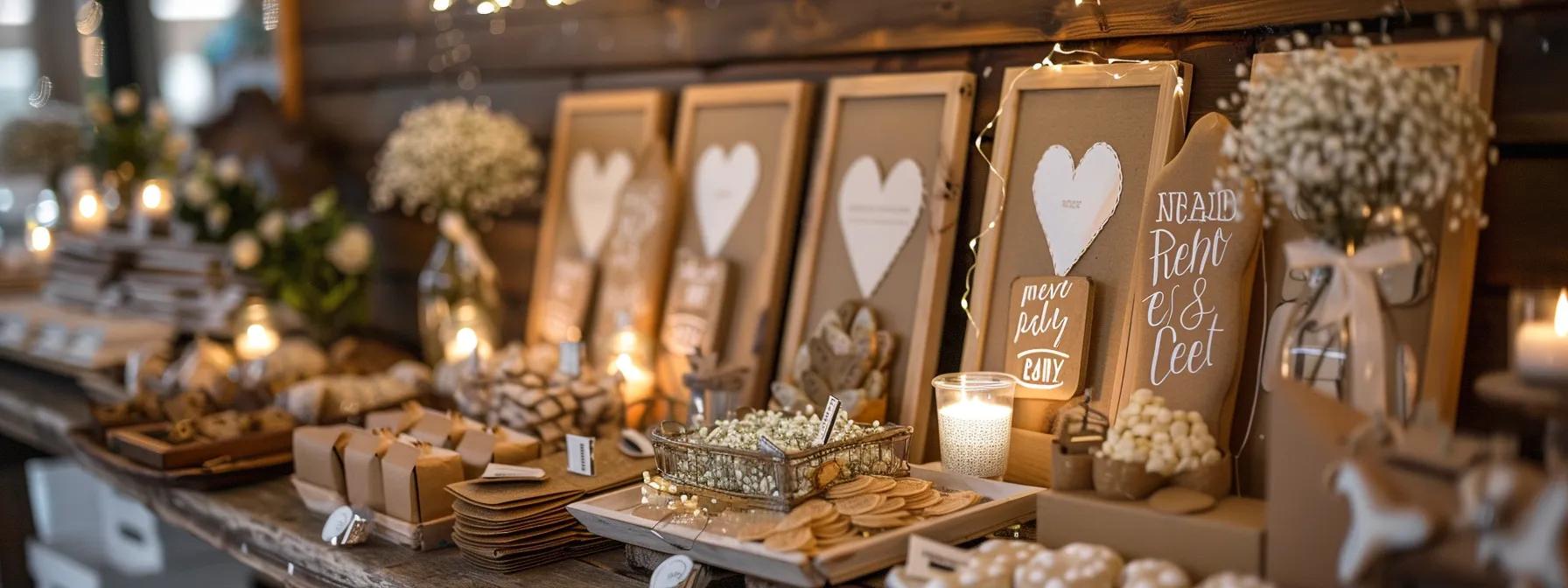 a beautifully arranged wedding favor display featuring a variety of creatively crafted signs made from innovative and eco-friendly materials, all set against an elegant reception backdrop that reflects the couple's unique style. a beautifully arranged wedding favor display featuring a variety of creatively crafted signs made from innovative and eco-friendly materials, all set against an elegant reception backdrop that reflects the couple's unique style.
