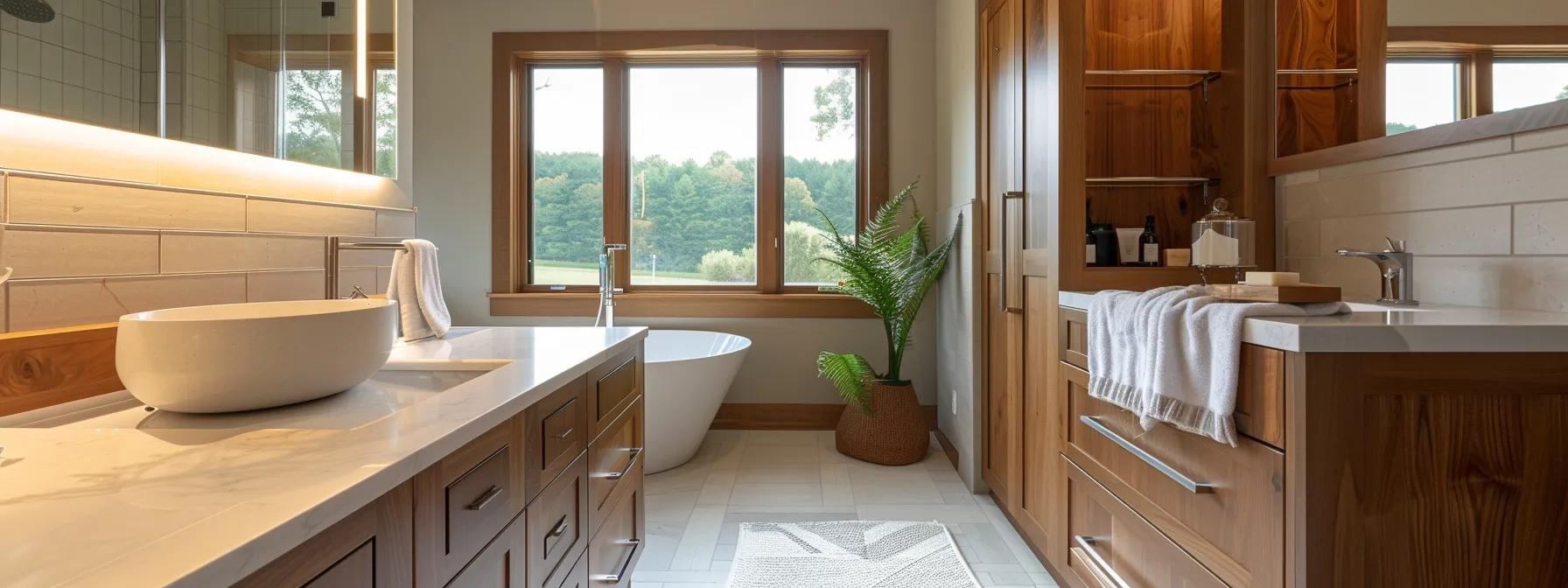 a beautifully crafted amish-inspired bathroom featuring rich wooden cabinetry, intricate craftsmanship, and a serene, modern aesthetic, illuminated by soft, warm lighting to highlight the harmonious blend of traditional design and contemporary elegance.